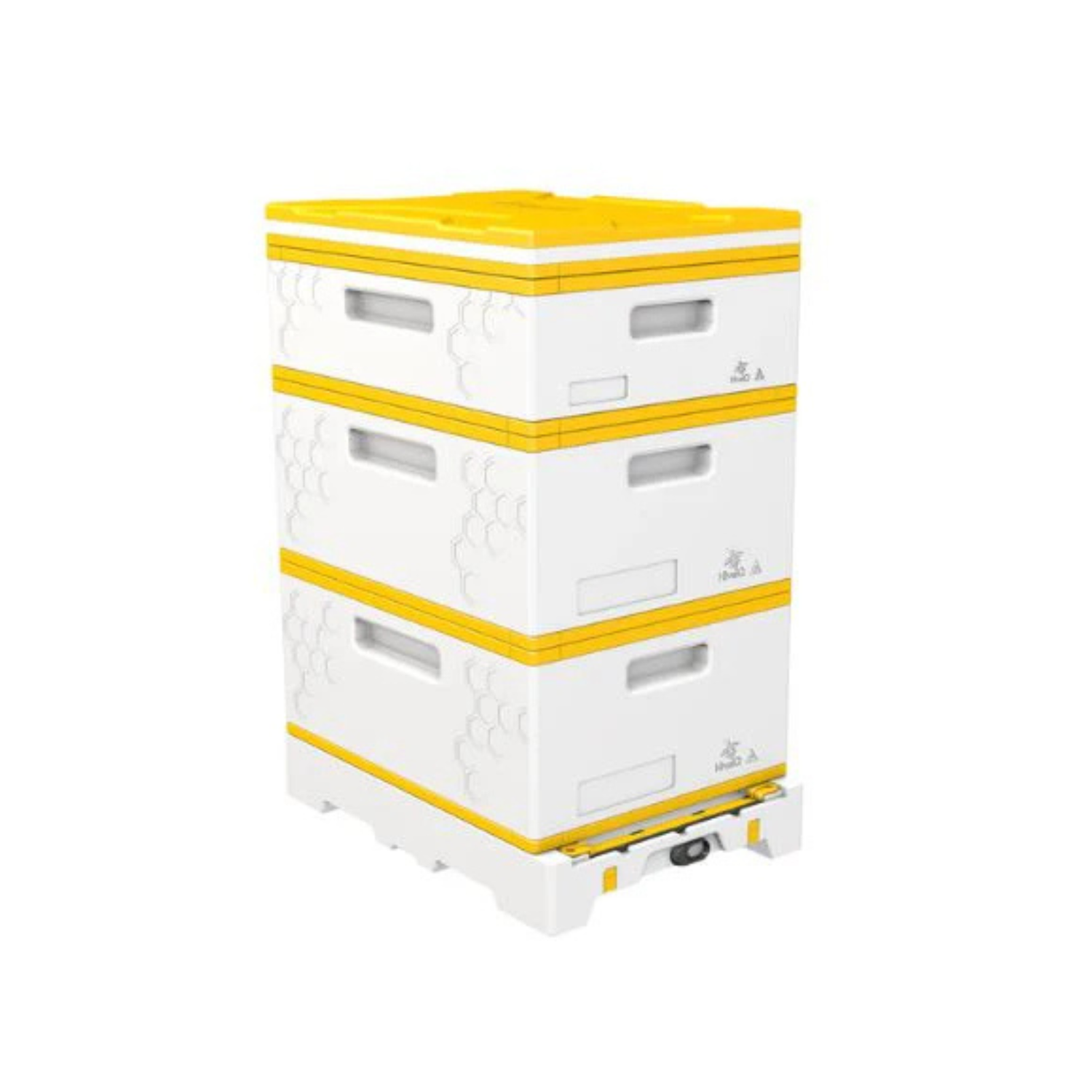 An example of the assembled three-storey HiveIQ beehive kit with white bodies and yellow details.