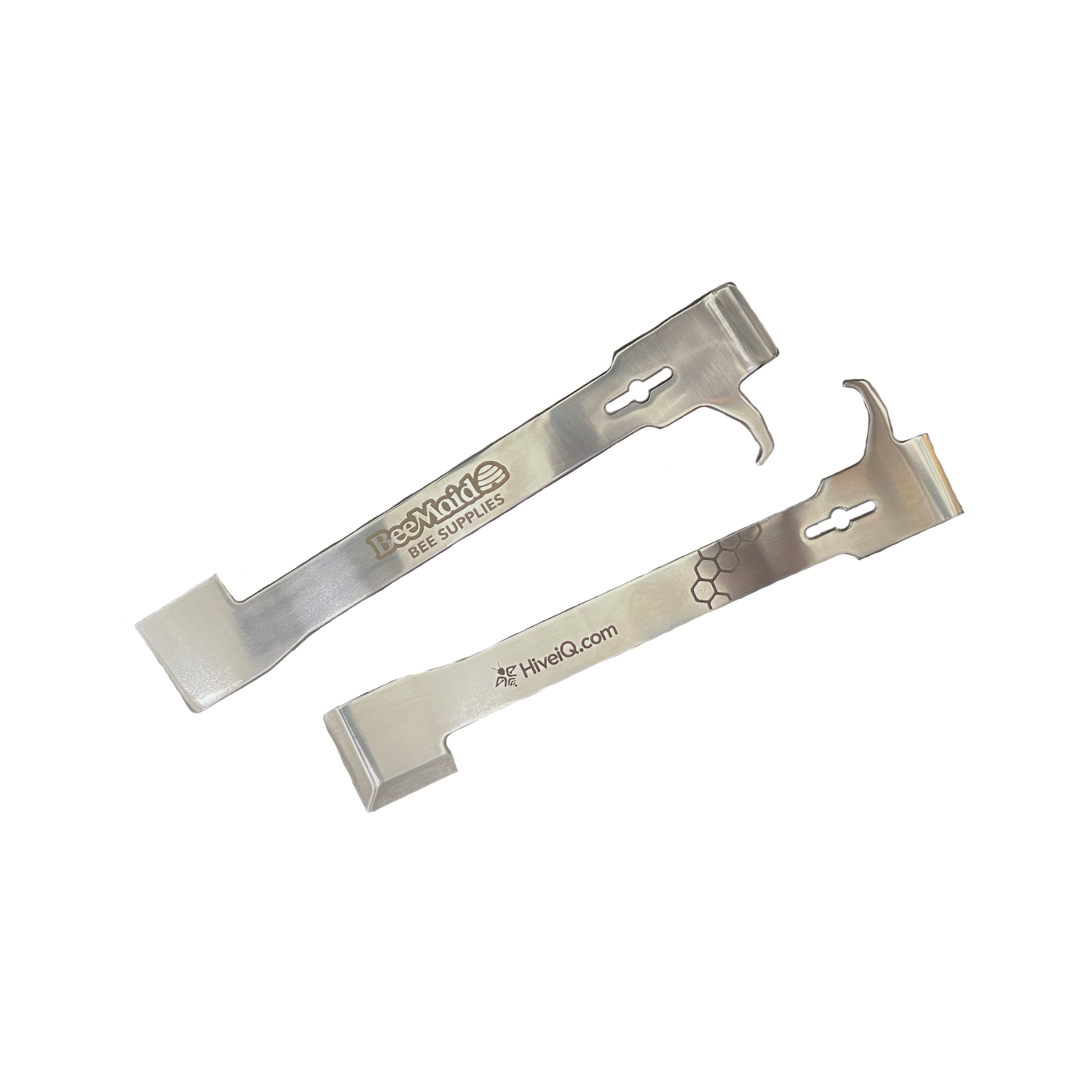 A hive tool with a chiseled square blade and uniquely angled J-hook, made from stainless steel and features the 