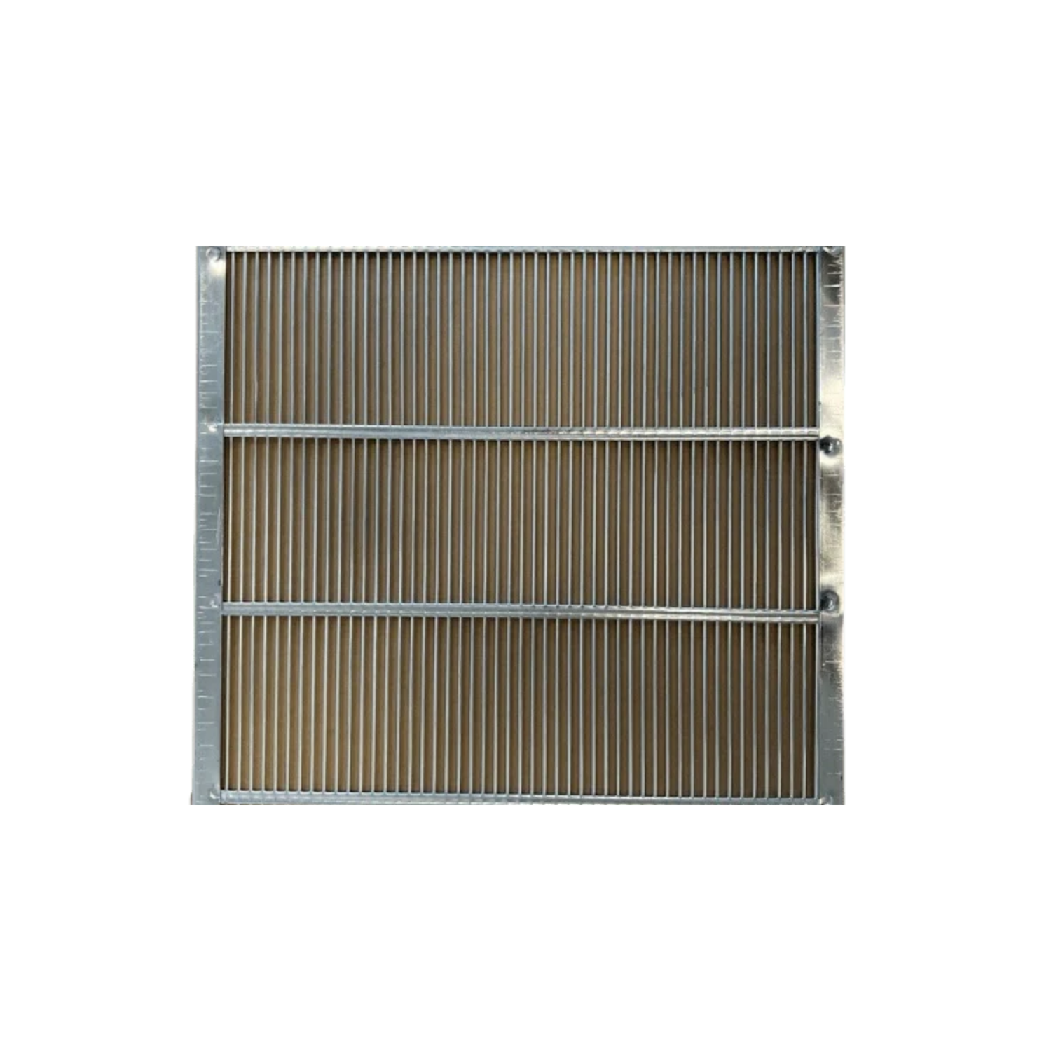 A metallic queen excluder used in beekeeping on a white background 