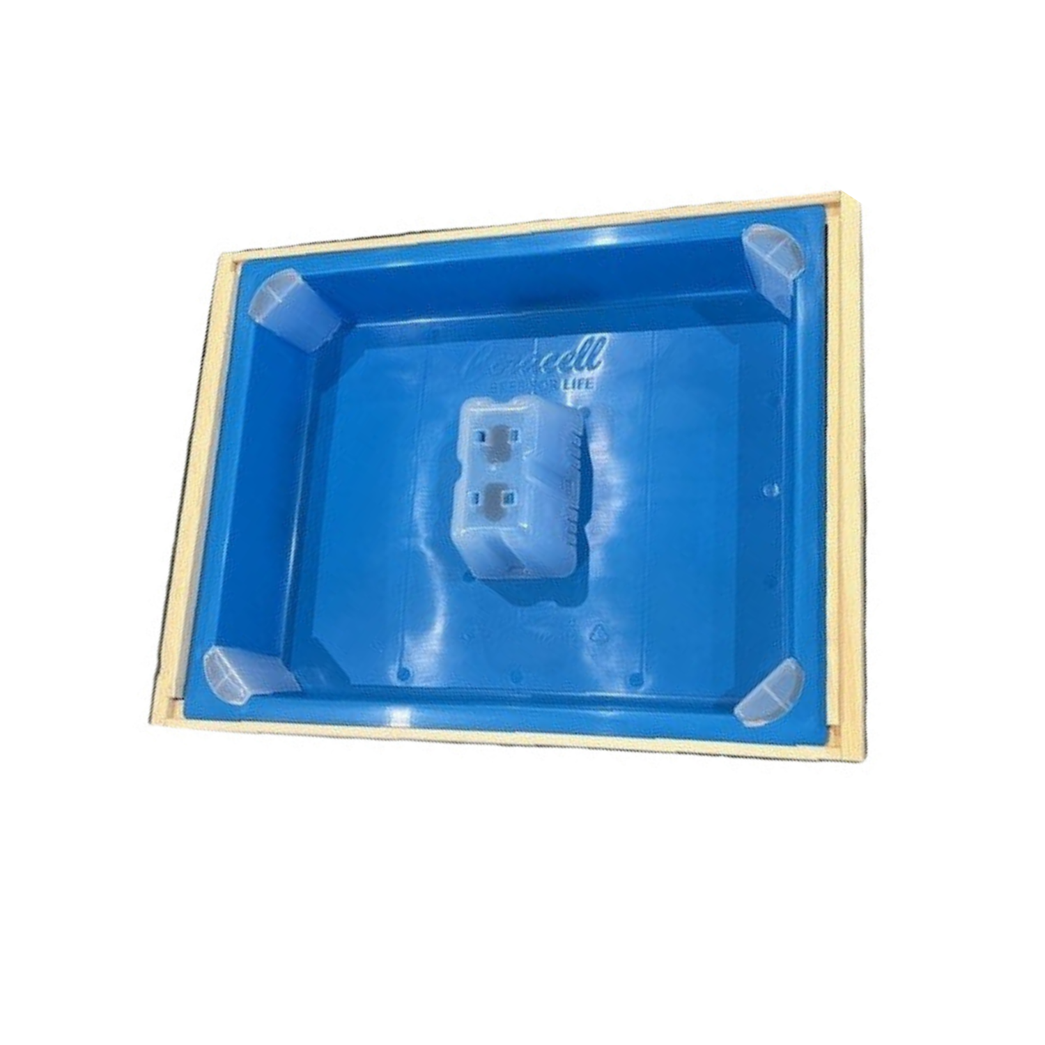 A blue plastic top feeder, designed to be compatible with HiveIQ beehive setups on a white background