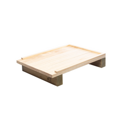 An example of the assembled look of the unassembled Alliance wooden bottom board for a beehive on a white background. 