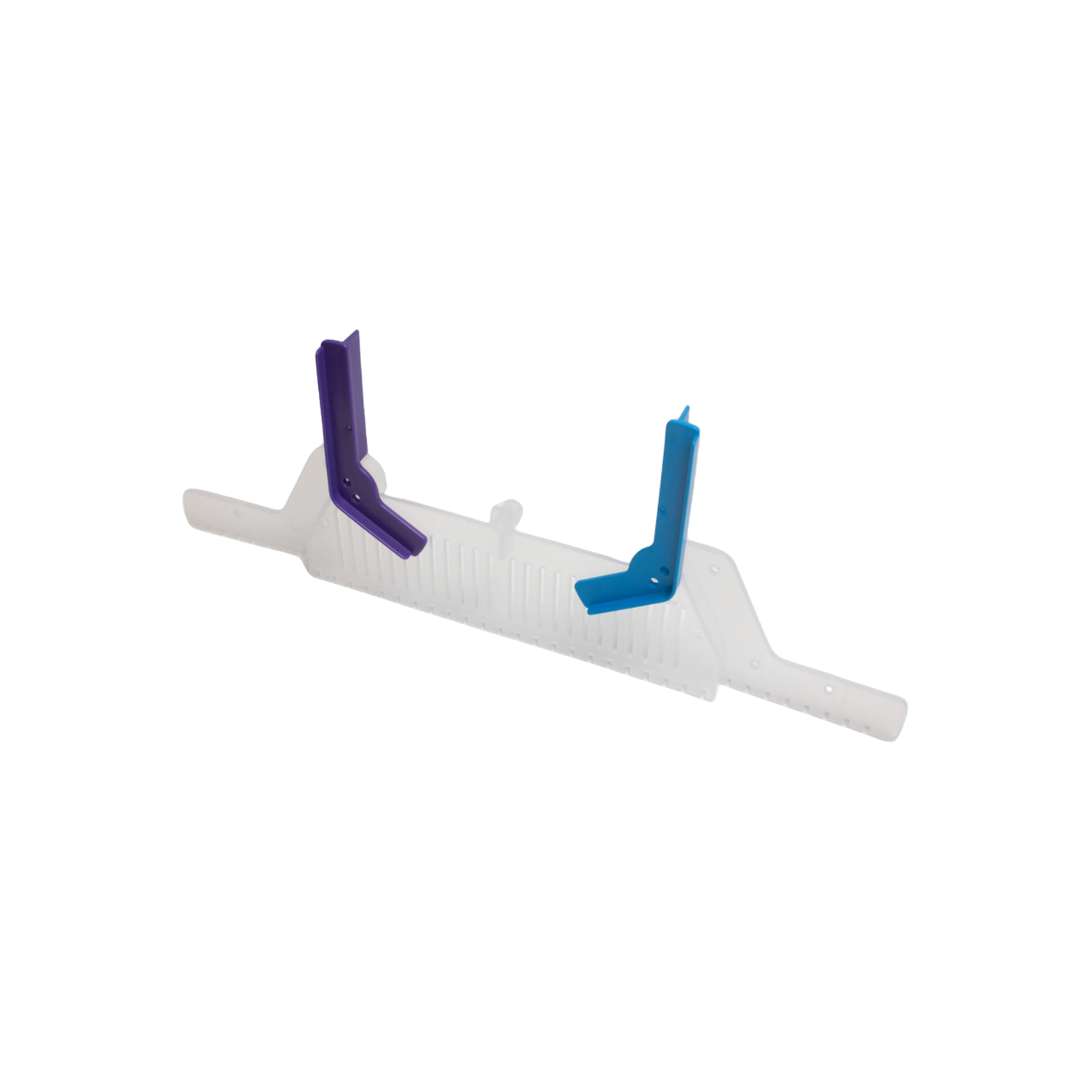 White plastic tool with blue and purple components on a white background