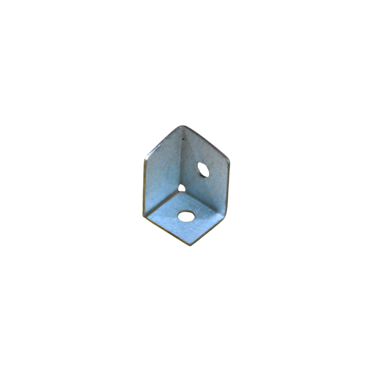 A small metal corner bracket with two pre-drilled holes shown on a white background
