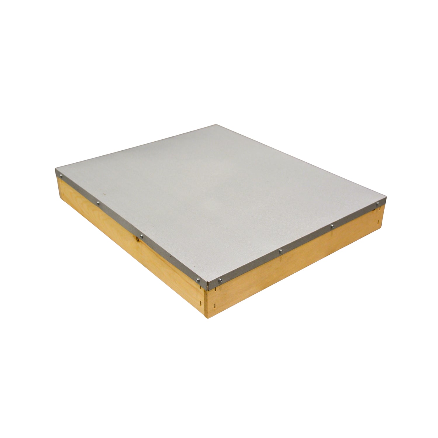 A hive cover or base with a metal top plate and a light wood frame, shown at an angle on a plain white background