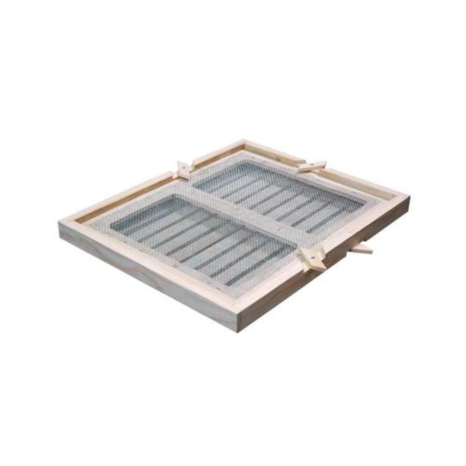 Wooden double bee escape board with two screened escape chambers and metal mesh inserts, designed to fit between hive boxes for honey removal.