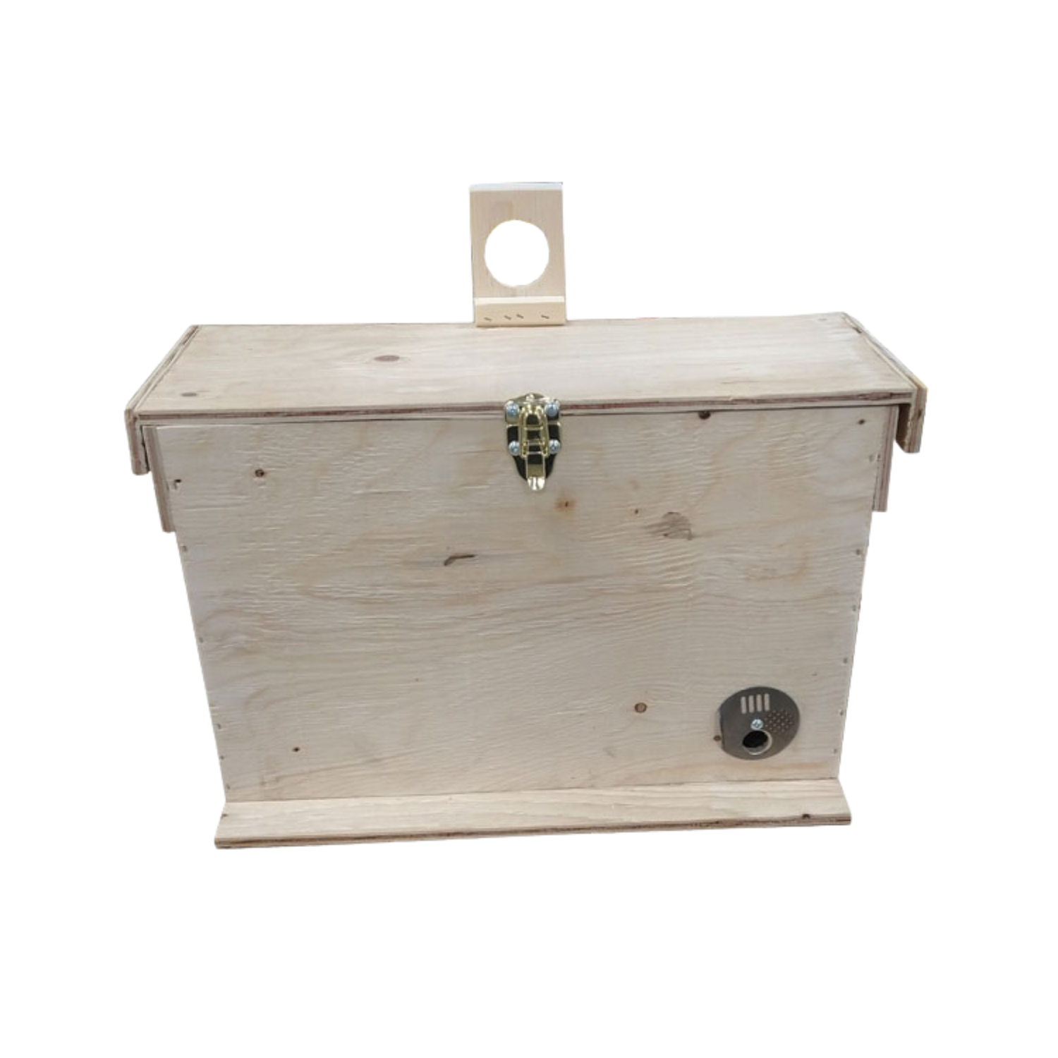 wooden box with metal latch and metal disc entrance on white background