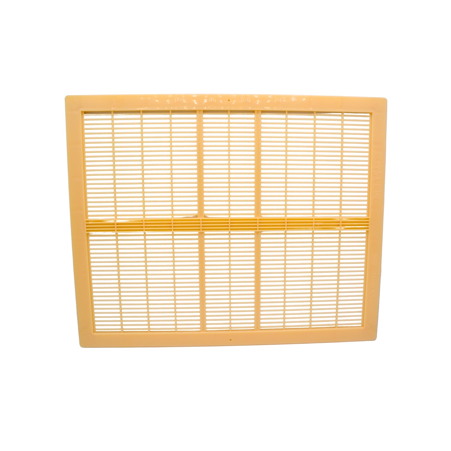 A yellow plastic queen excluder used in beekeeping on a white background