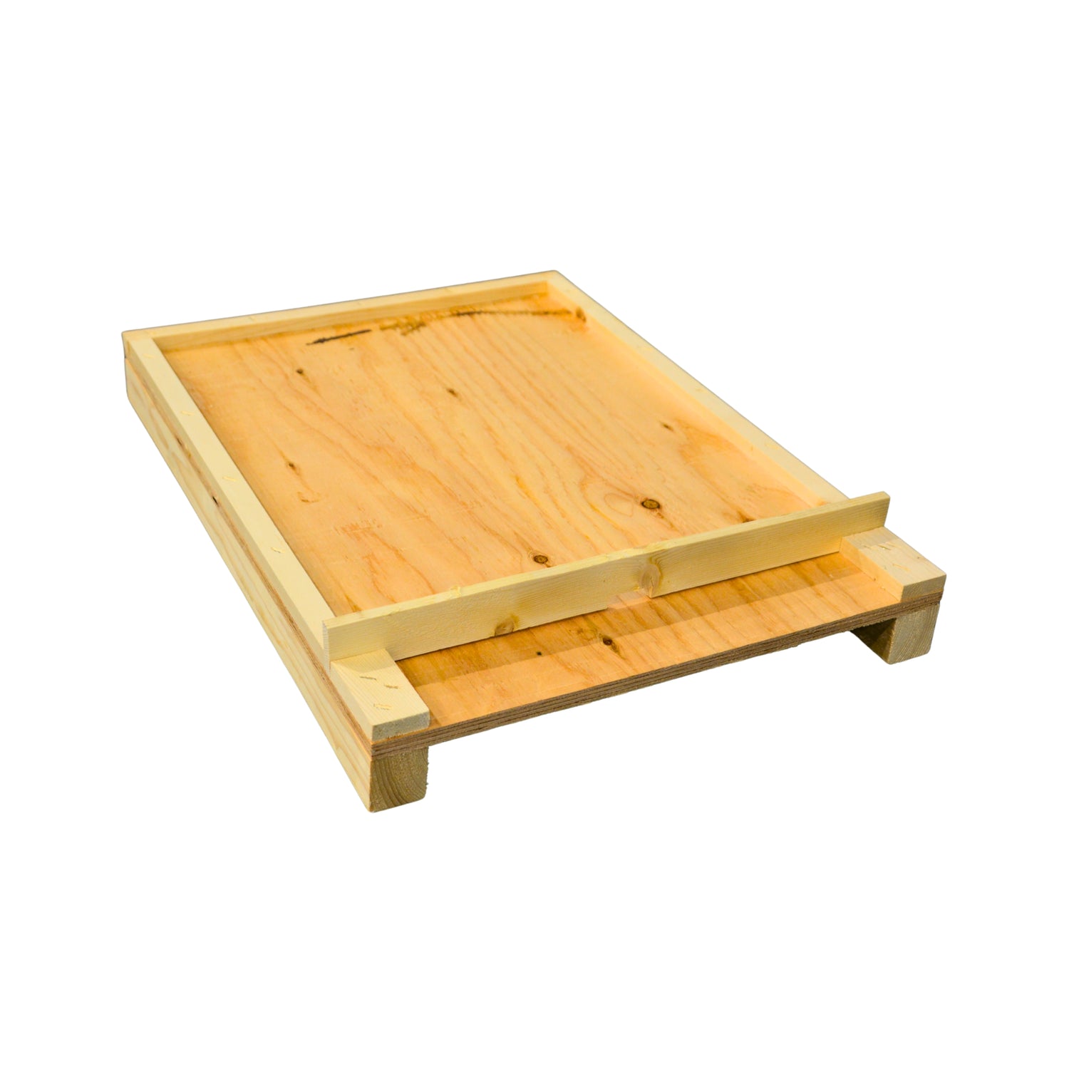 A wooden hive bottom with an entrance reducer on a white background