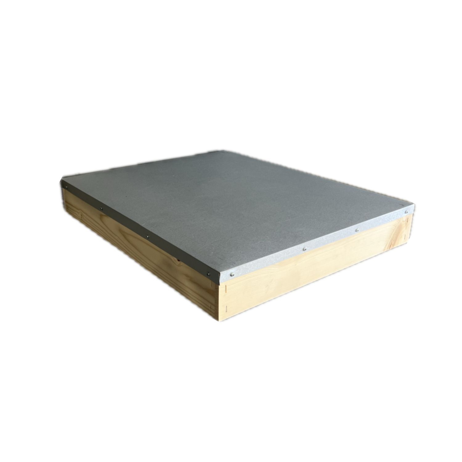 A wooden hive cover with a metal top on a white background