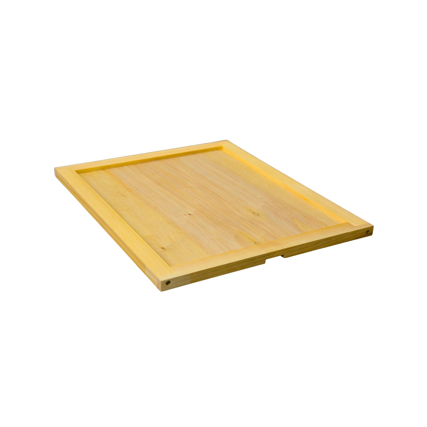 A wooden inner cover with a notch used in beekeeping on a white background