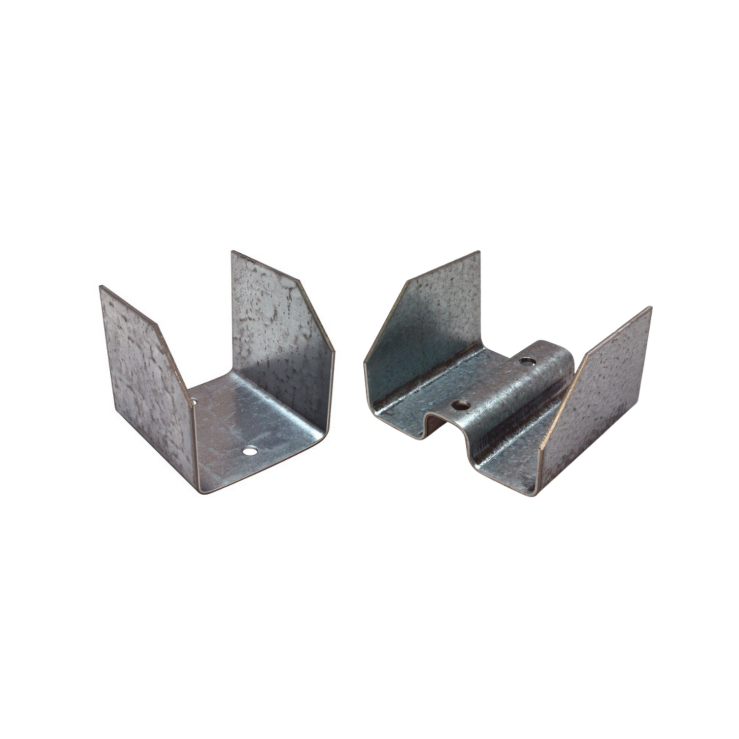 Two metal hive pallet clips on a white background