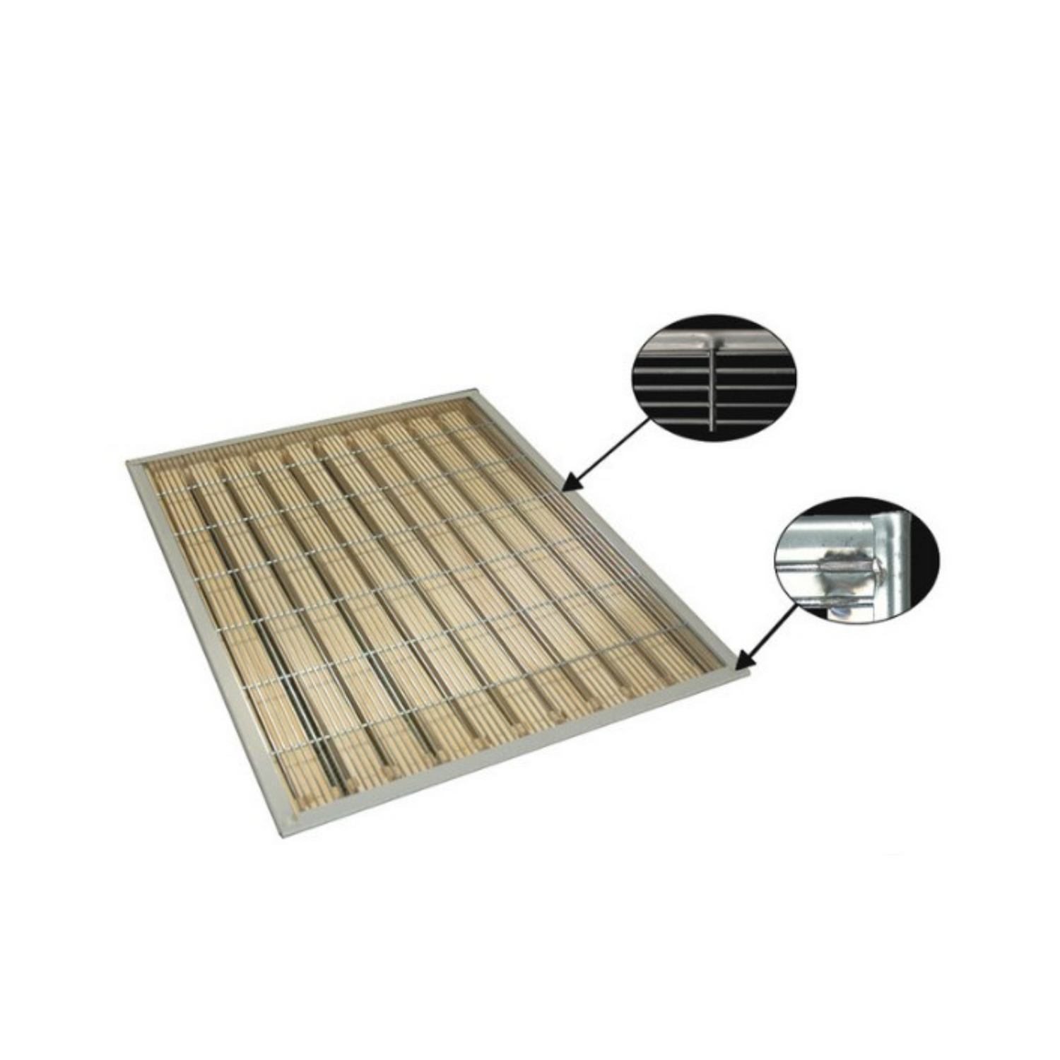 A metal queen excluder for beekeeping with components highlighted on a white background