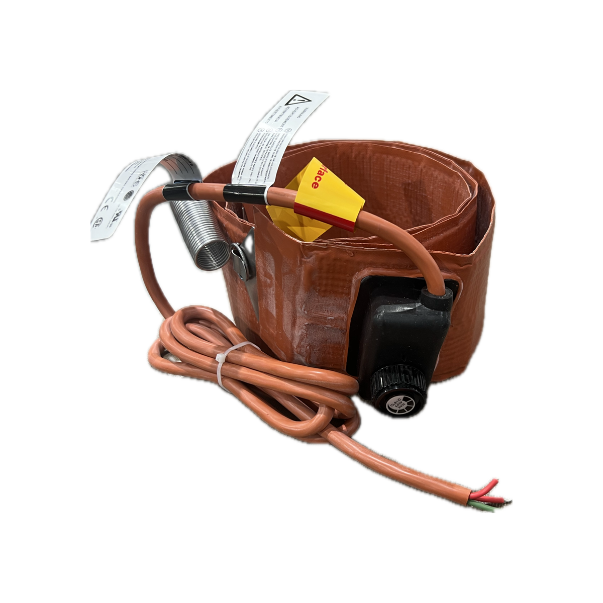 An industrial heating element assembly with a copper-colored coil, a black control module, a coiled power cord, and white safety labels on a white background.