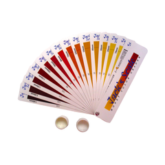 A set of honey color grade standards with sample cups, used for beekeeping and honey processing on a white background