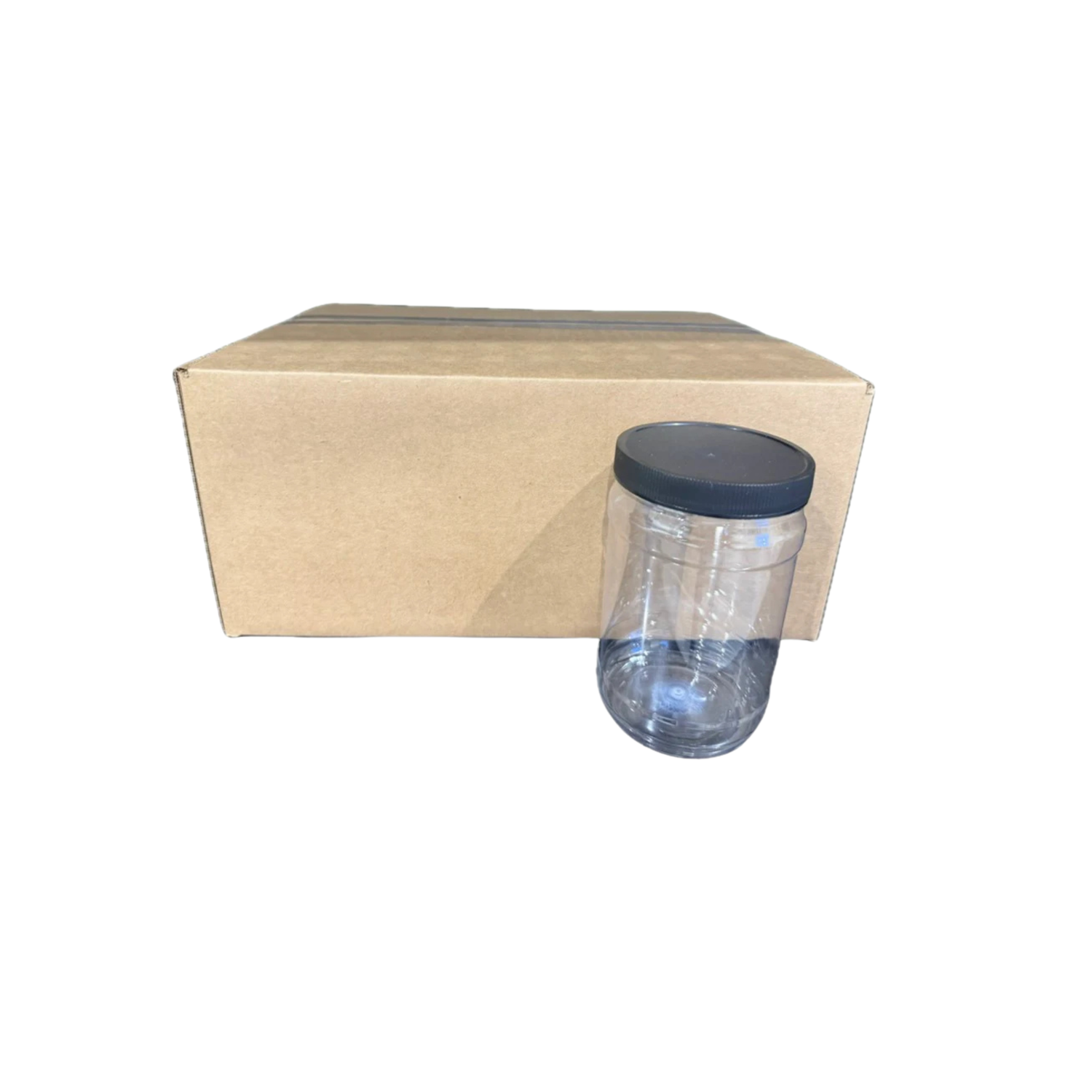 Clear plastic jar with black lid next to a cardboard box on a white background