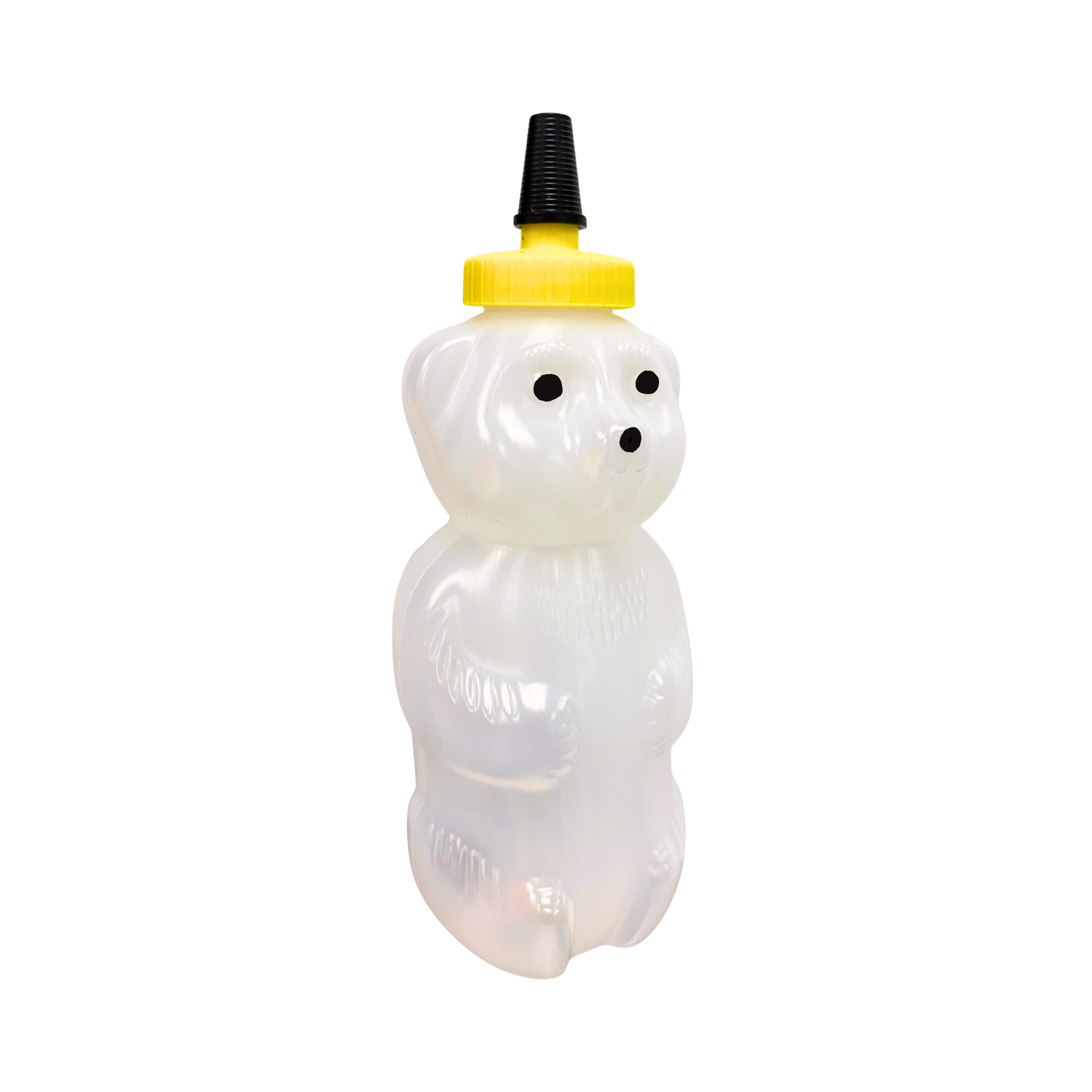 A 2-pound plastic squeeze bear with a secure screw-on yellow and black cone cap on a white background