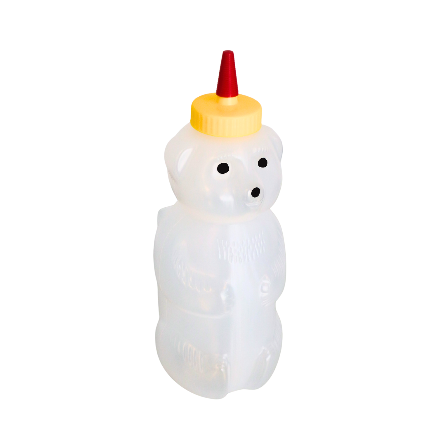 A 2-pound plastic squeeze bear with a secure screw-on yellow and red cone cap on a white background