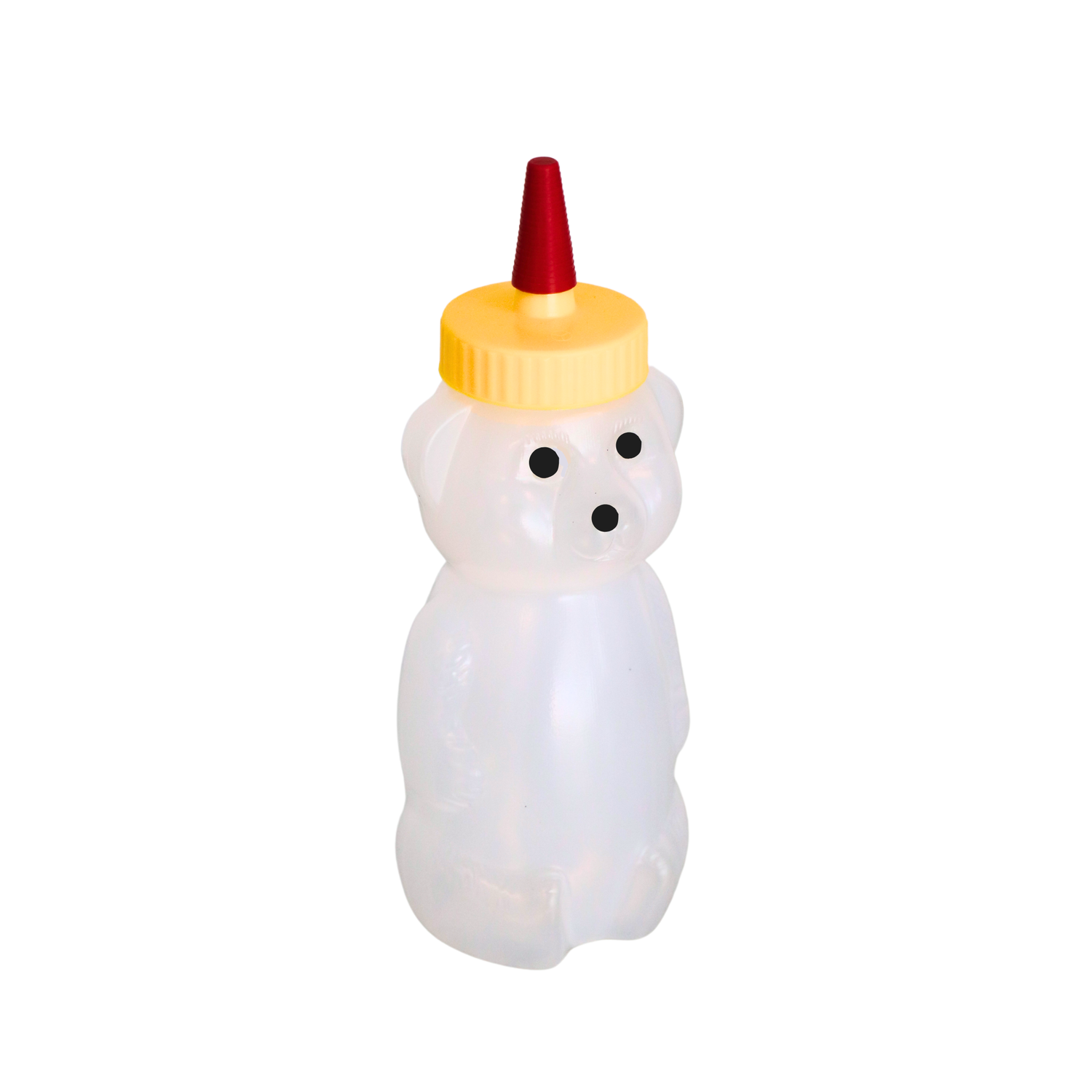 A 340-gram plastic squeeze bear with a secure screw-on yellow and red cone cap on a white background