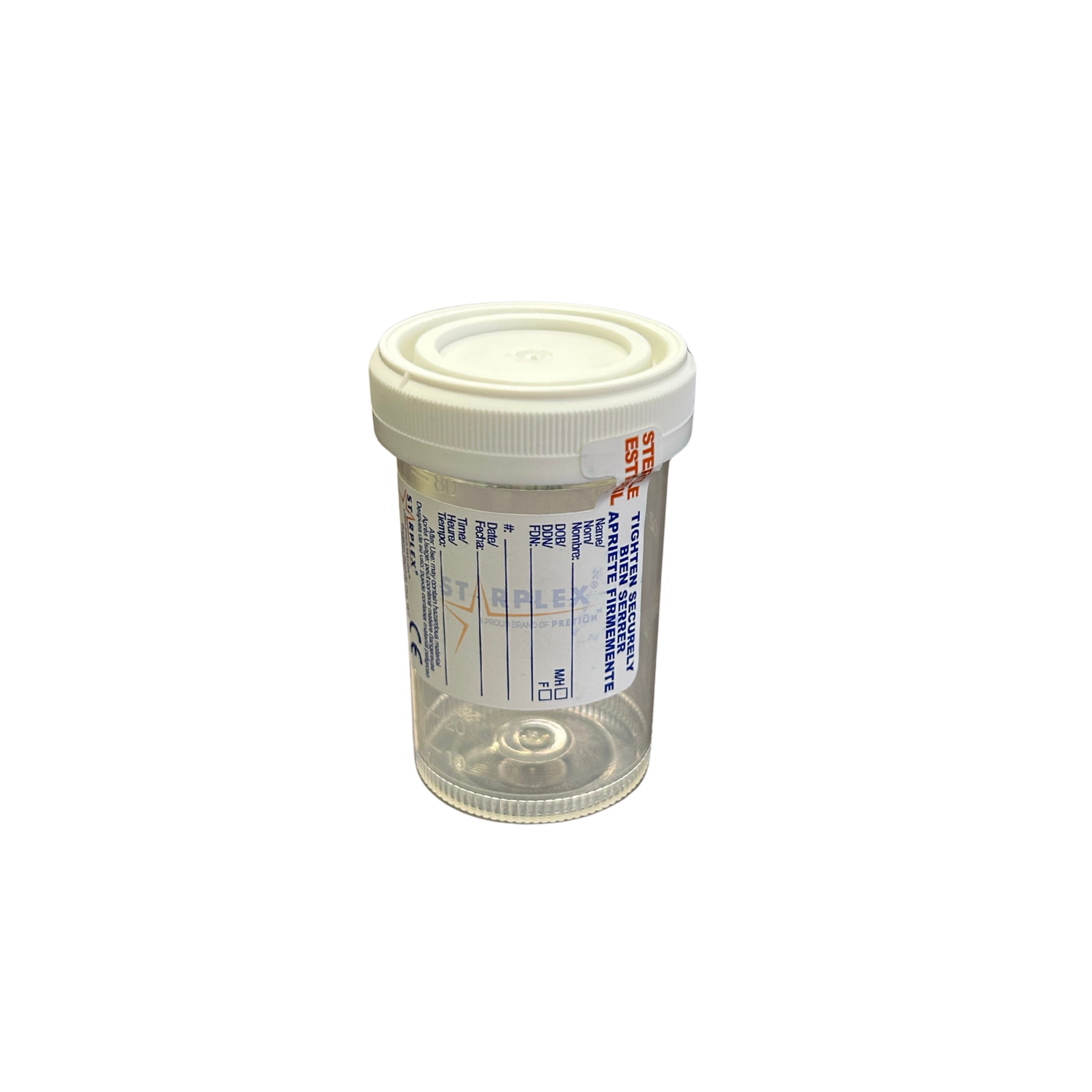 Clear plastic honey sample container with a white lid on a white background