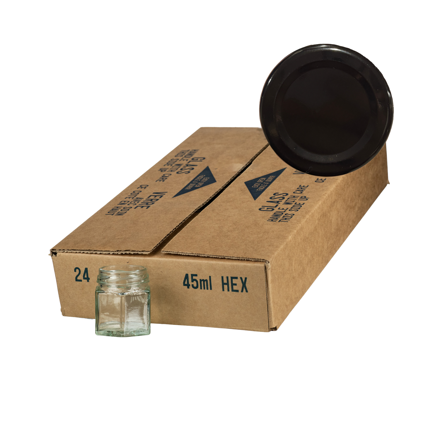 A case of 24 clear glass 45mL hexagonal jars, packaged in a cardboard box with a black lid in the corner on a white background
