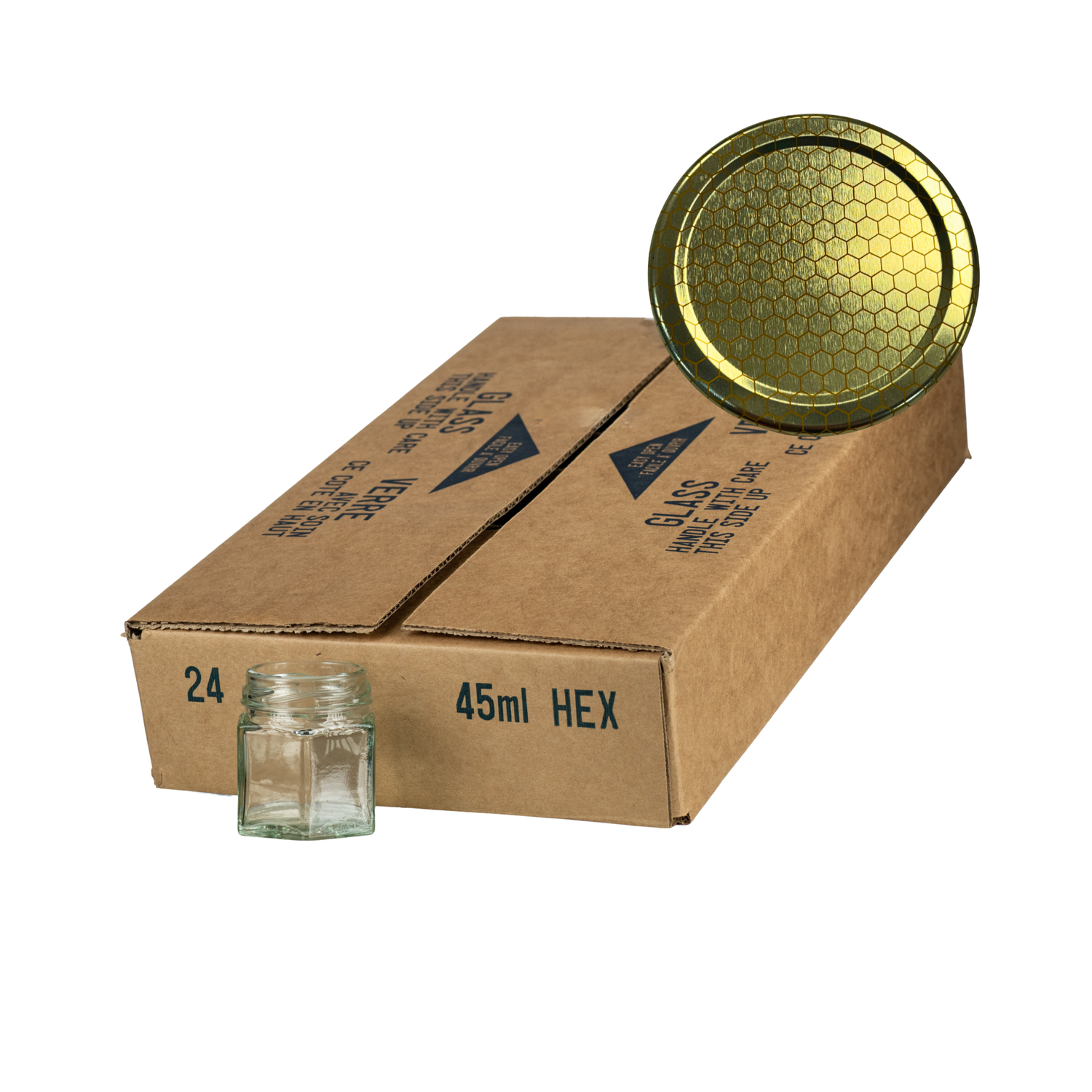 A case of 24 clear glass 45mL hexagonal jars, packaged in a cardboard box with a gold honeycomb lid in the corner on a white background