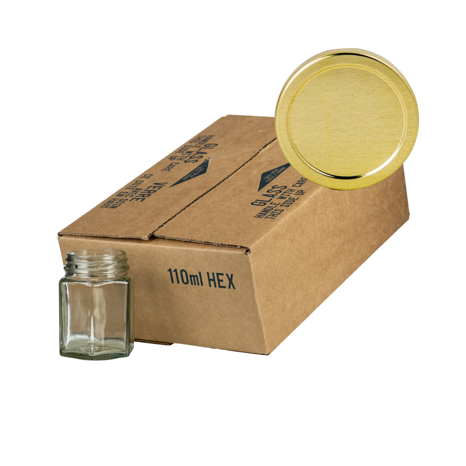 A case of 12 clear glass 110mL hexagonal jars, packaged in a cardboard box on a gold lid in the corner on a white background