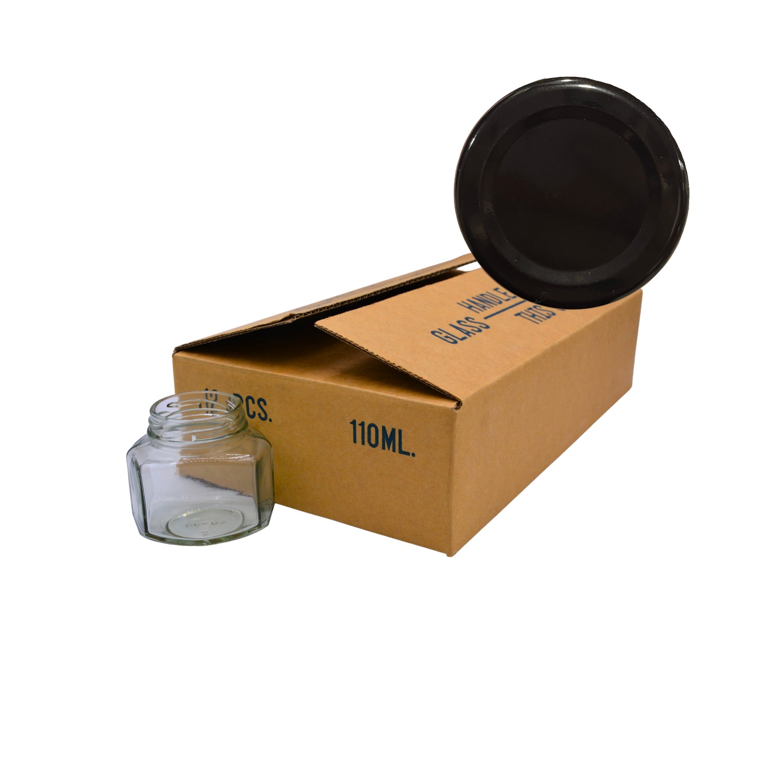 A clear glass jar with a black screw-on lid, shown next to its brown cardboard box packaging on a white background.