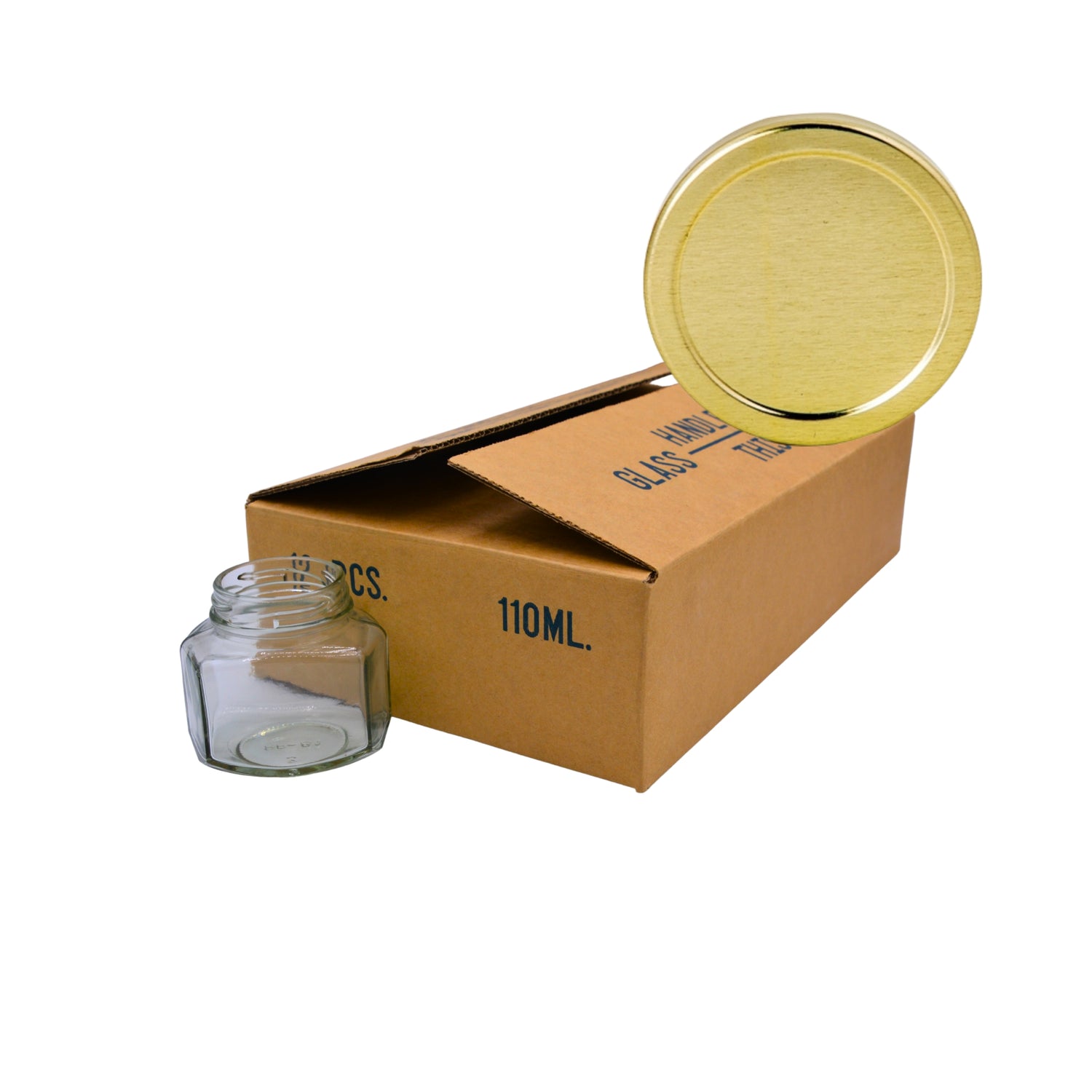A small clear glass jar with a gold metal lid, shown next to its brown cardboard box on a white background.