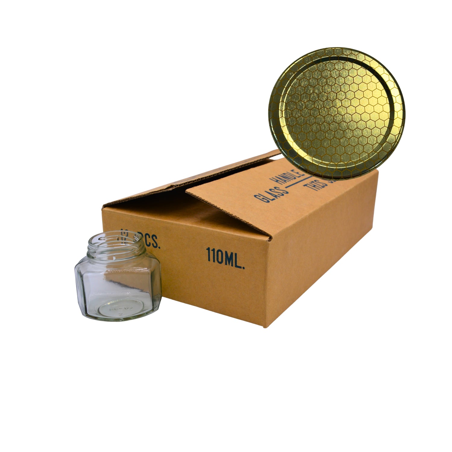 A set of small clear glass jars with hexagonal lids, shown with an open brown cardboard box labeled 110ML and one lid propped on top.