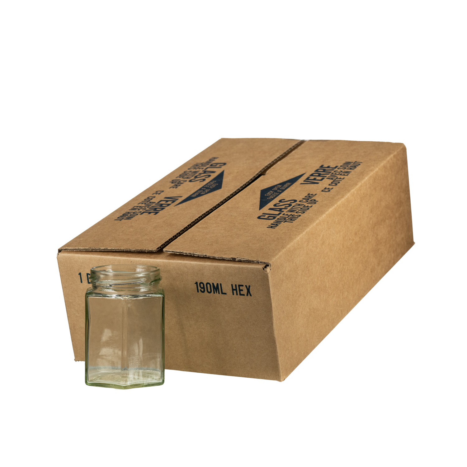 A case of 12 clear glass 190mL hexagonal jars, packaged in a cardboard box.