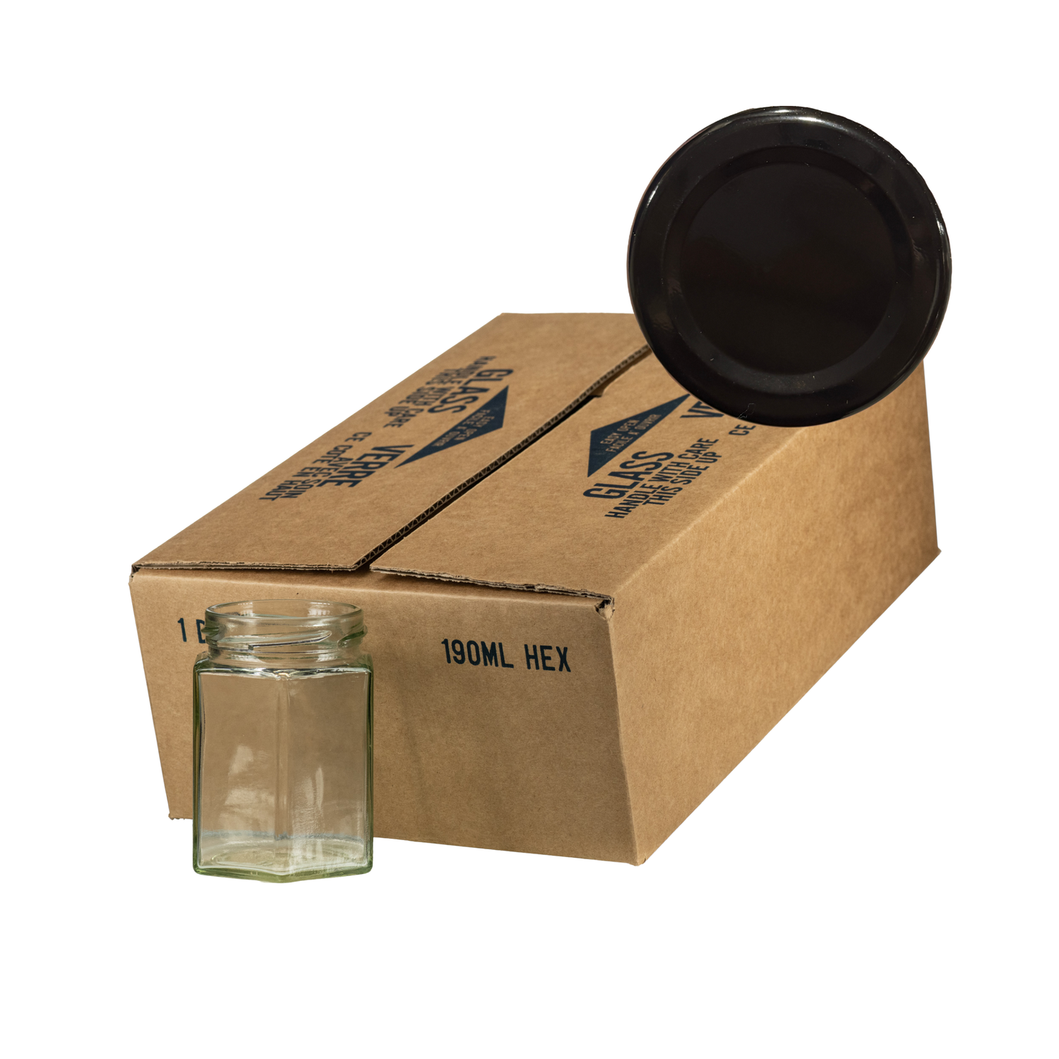 A case of 12 clear glass 190mL hexagonal jars, packaged in a cardboard box with a black lid in the corner on a white background