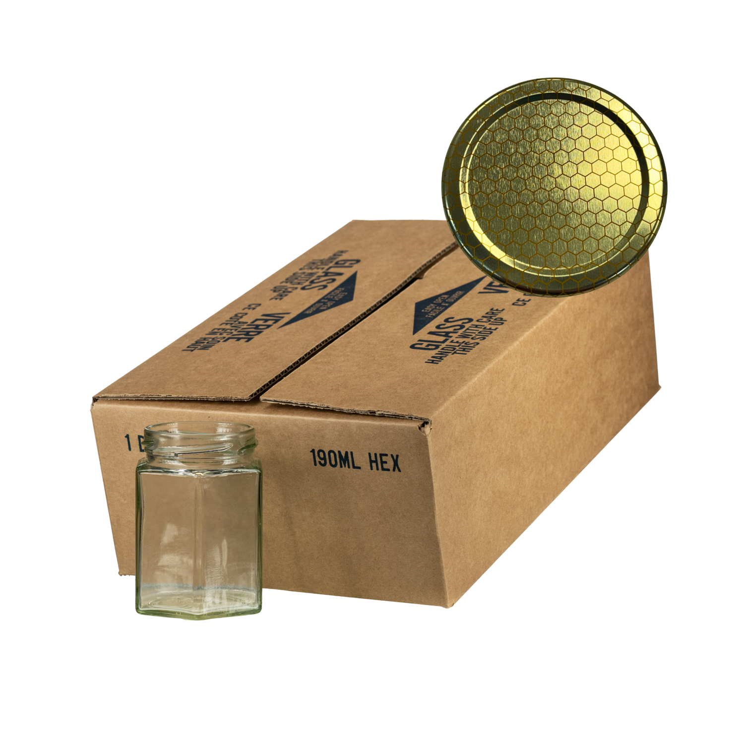 A case of 12 clear glass 190mL hexagonal jars, packaged in a cardboard box with a gold honeycomb lid in the corner on a white background