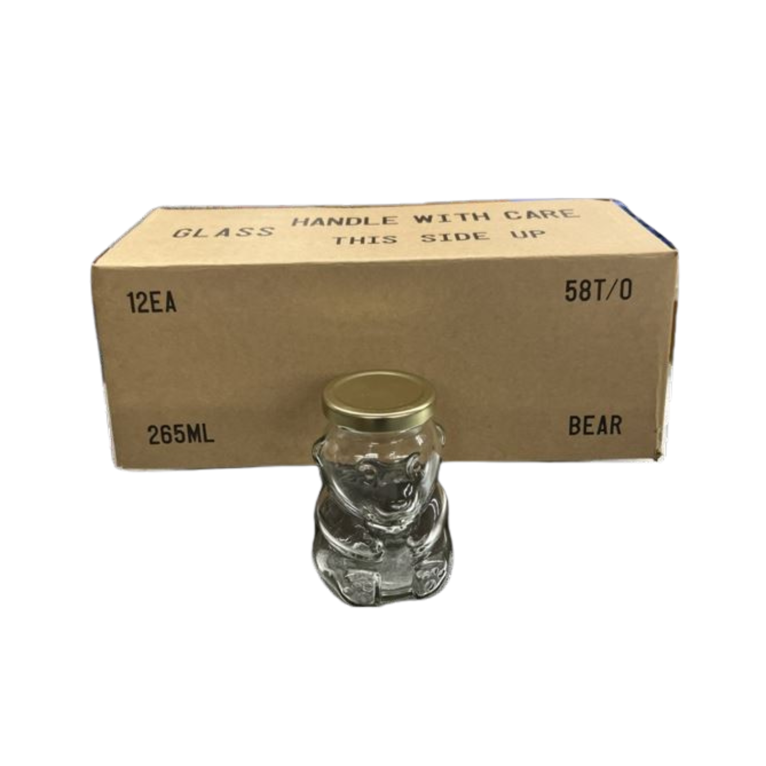A case of 12 clear glass 265ml bear jars packaged in a cardboard box on a white background