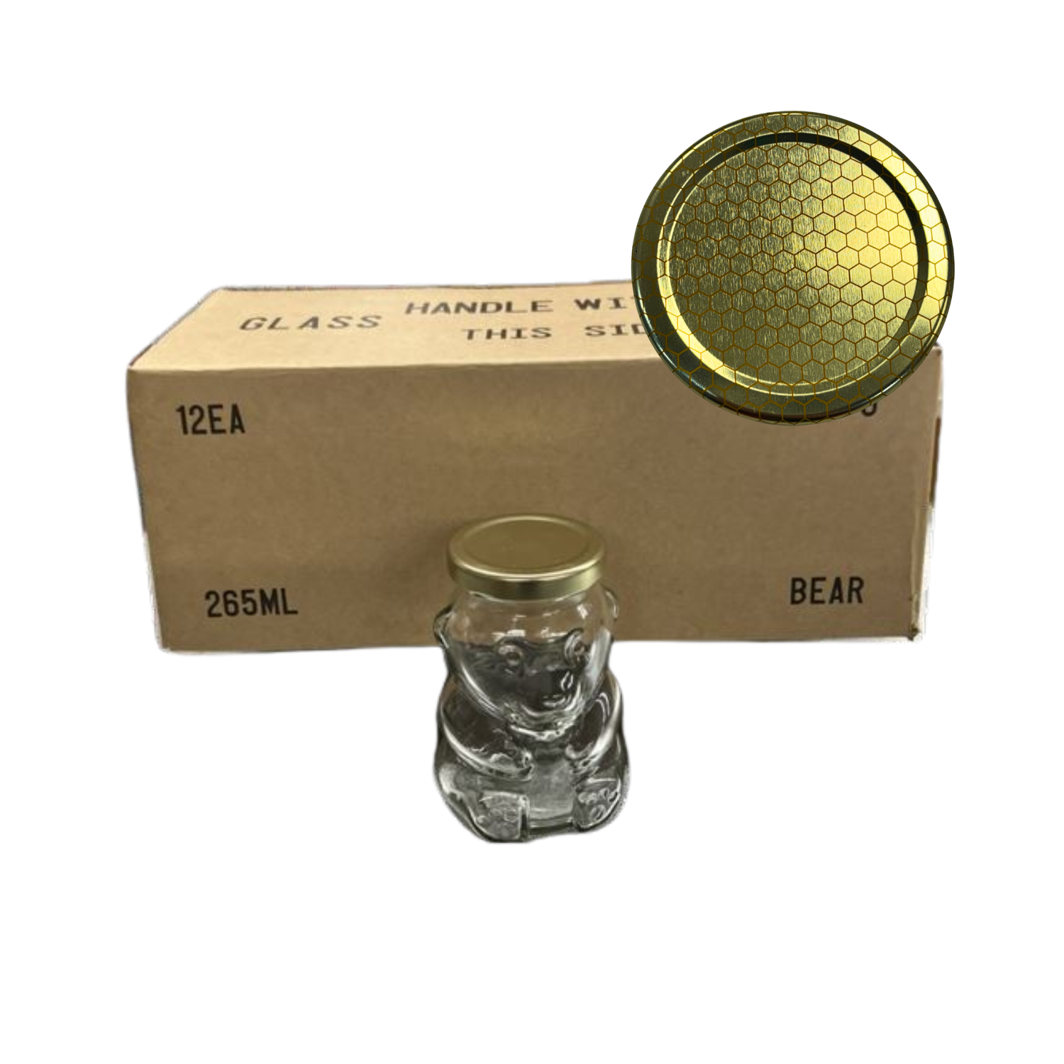 A case of 12 clear glass 265mL bear jars, packaged in a cardboard box with a gold honeycomb lid in the corner on a white background