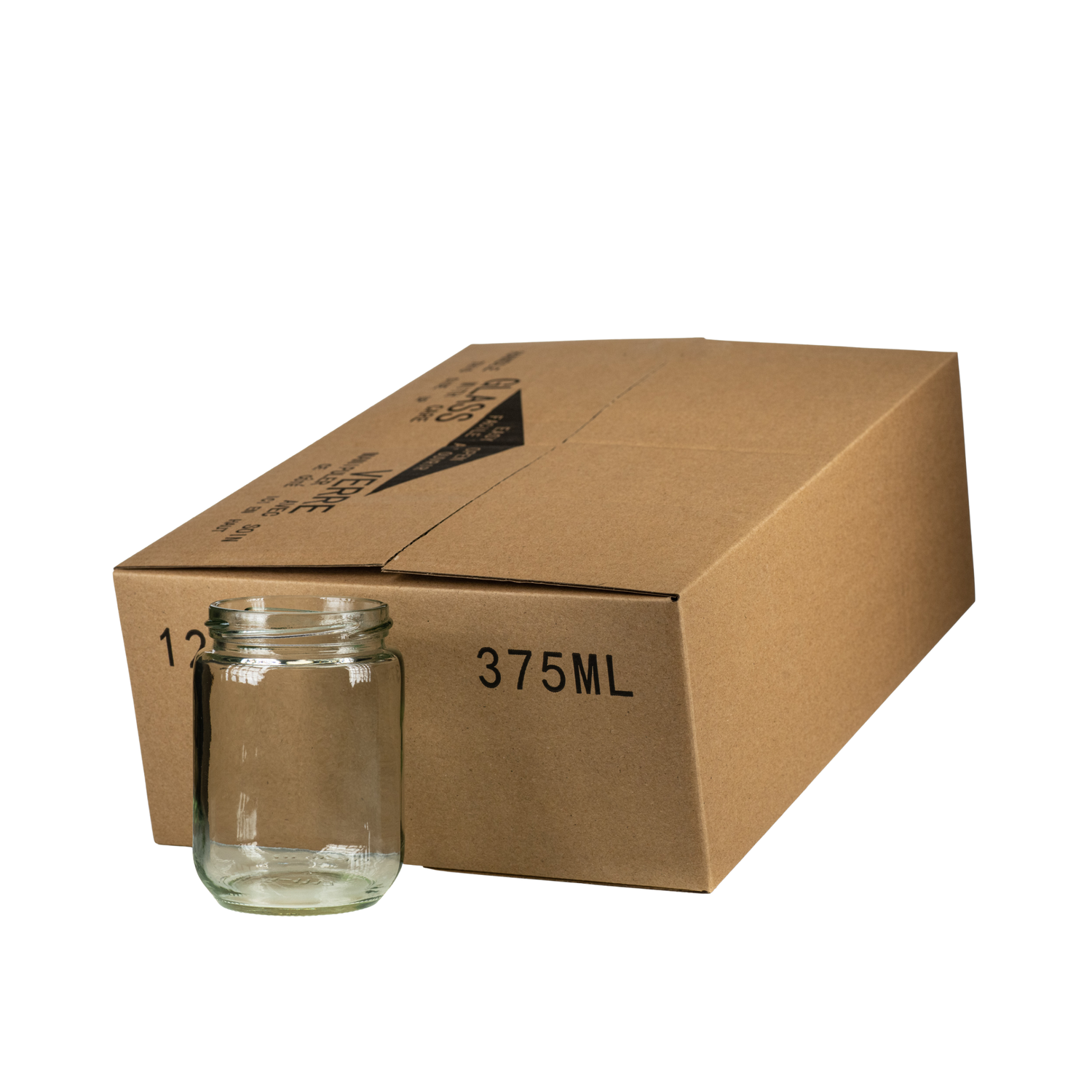 A case of 12 clear 375mL glass jars packaged in a cardboard box.