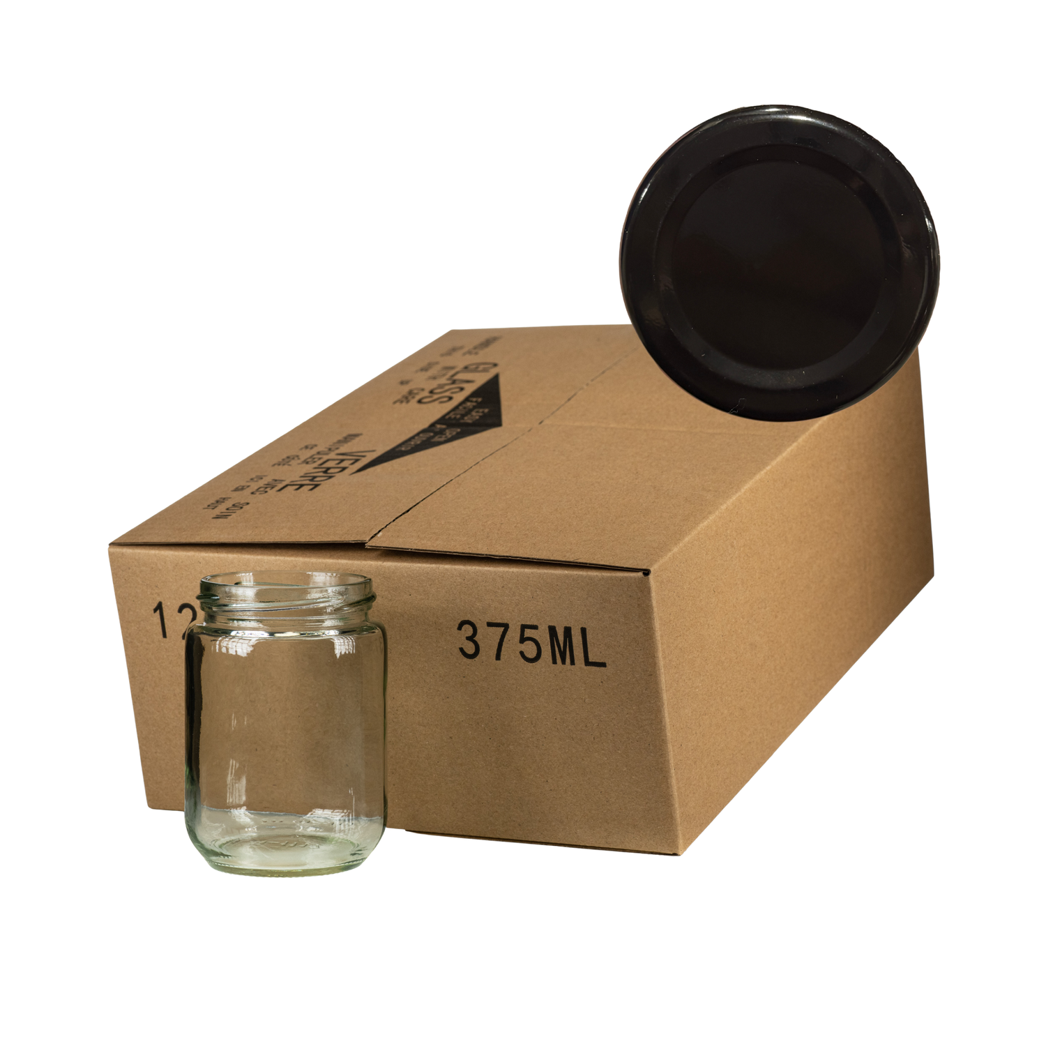 A case of 12 clear glass 375mL jars, packaged in a cardboard box with a black lid in the corner on a white background