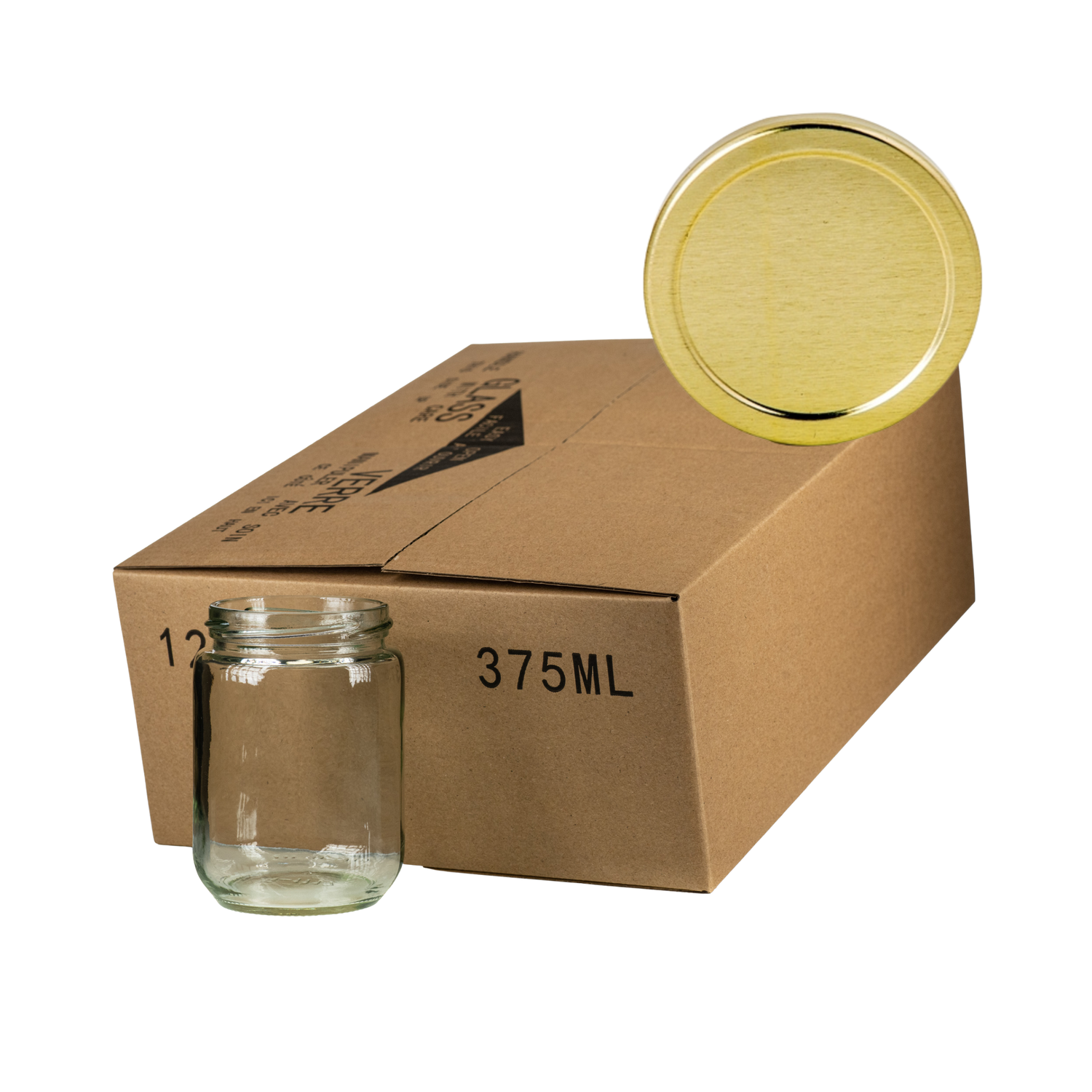A case of 12 clear glass 375mL jars, packaged in a cardboard box on a gold lid in the corner on a white background