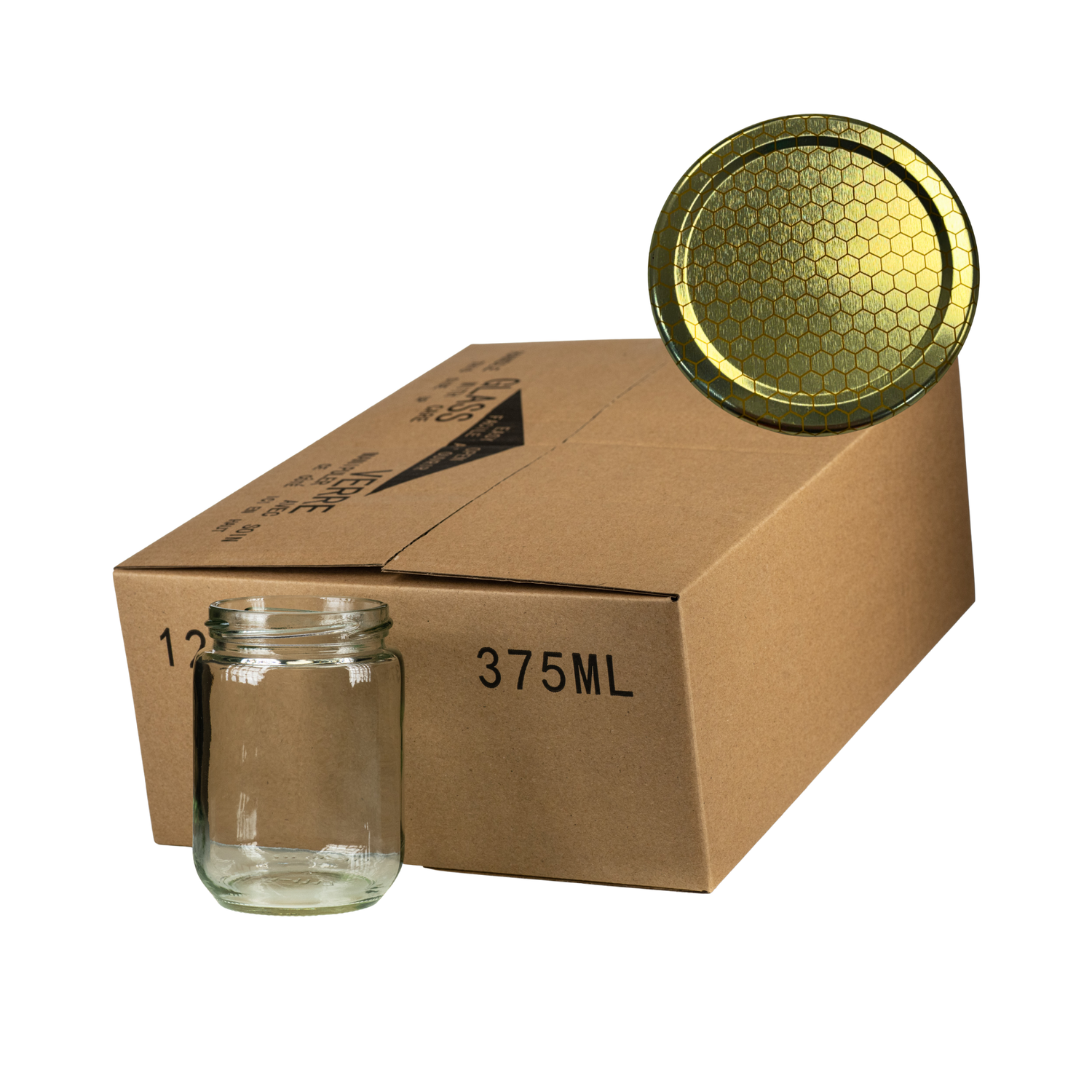 A case of 12 clear glass 375mL hexagonal jars, packaged in a cardboard box with a gold honeycomb lid in the corner on a white background