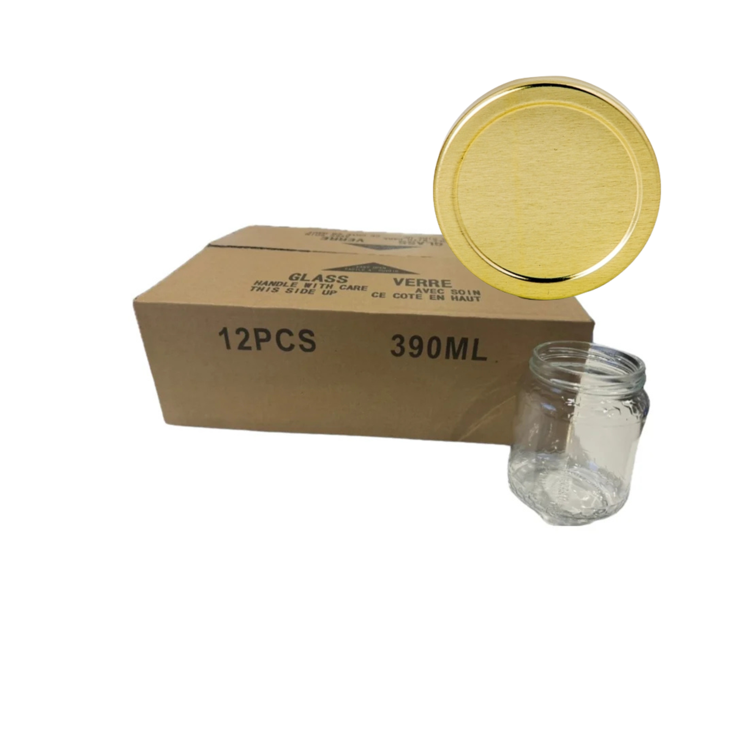 A 12-pack of 390ml clear glass jars with gold metal lids, shown with a brown cardboard box and one loose jar on a white background.