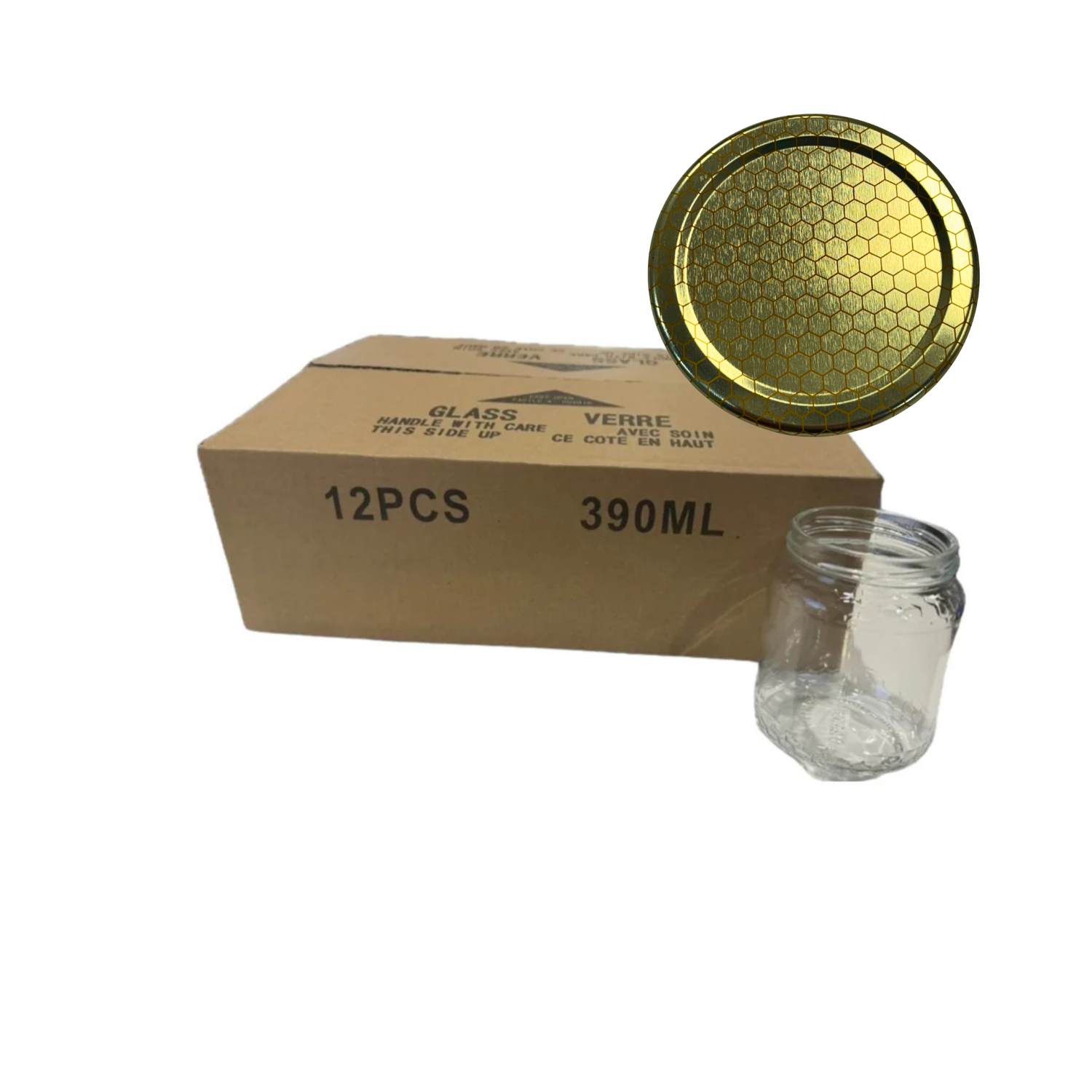 A 12-pack of 390ml clear glass jars with matching gold metal lids, shown with a brown cardboard box on a white background.