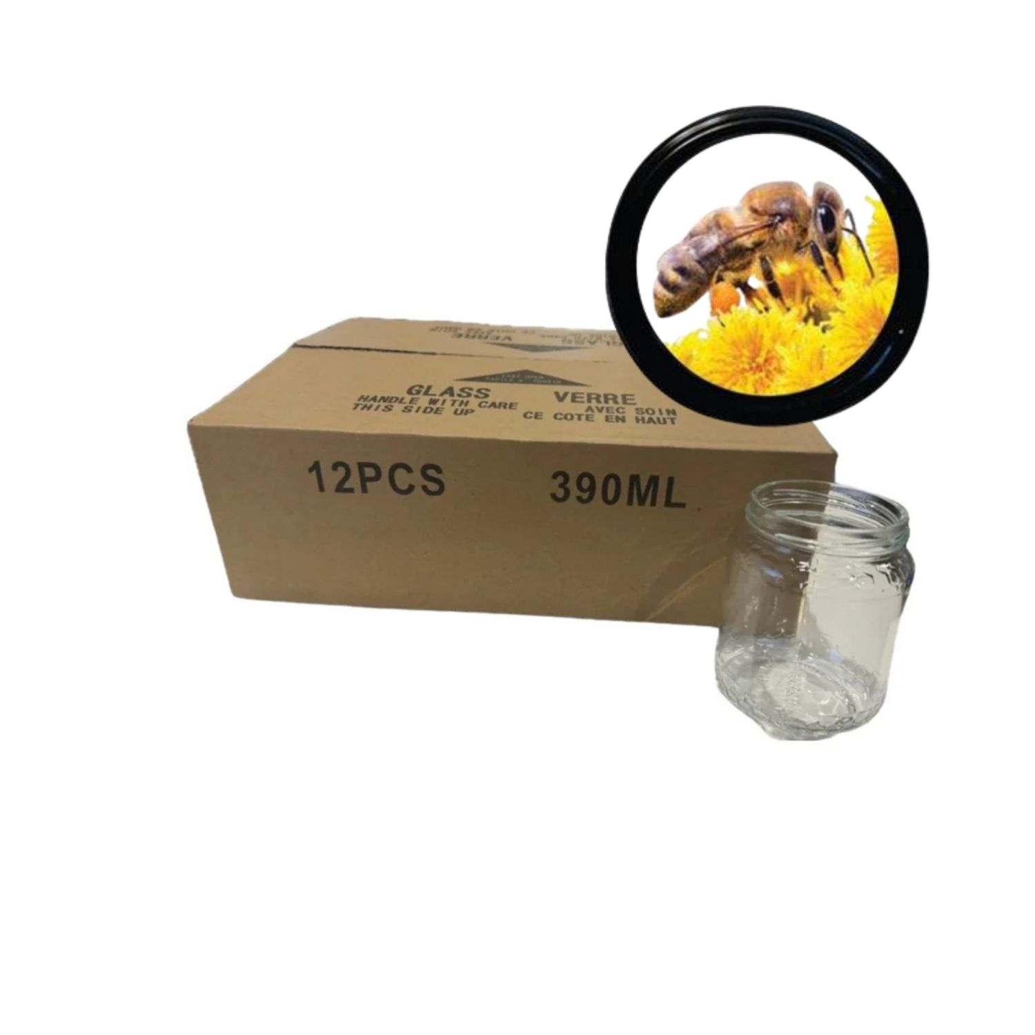 A bulk pack of 12 clear glass jars, 390ml each, shown with a brown cardboard box and one empty clear glass jar on a white background. A circular inset graphic shows a close-up of a bee on a yellow flower inside a black-rimmed jar.