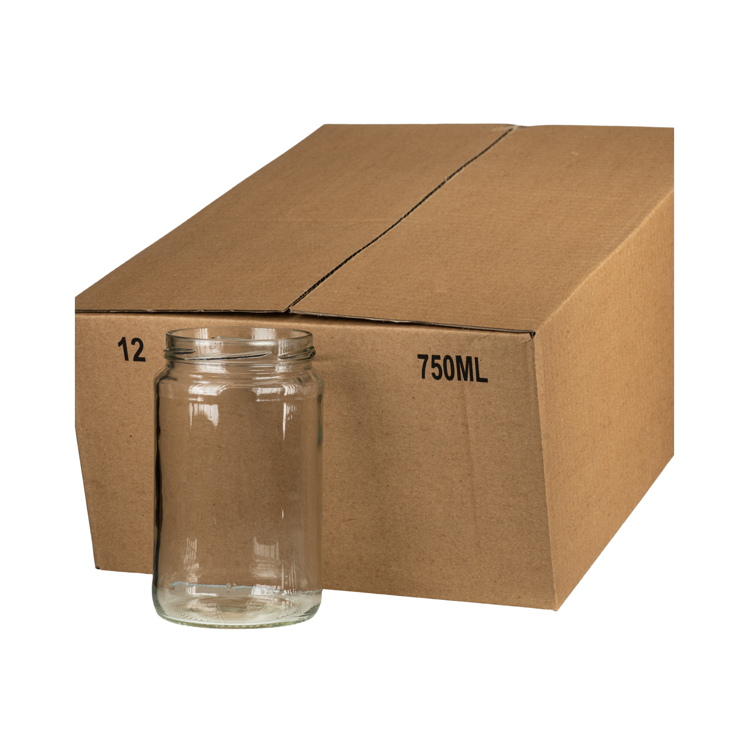 A case of 12 clear glass 750mL jars, packaged in a cardboard box.