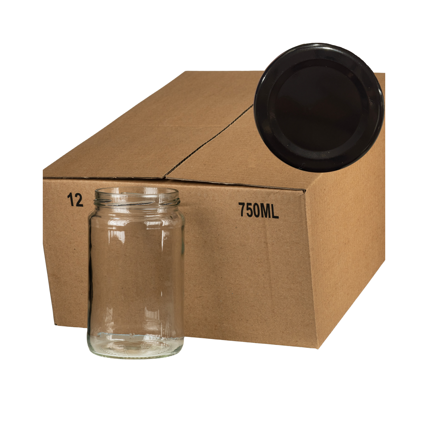 A case of 12 clear glass 750mL jars, packaged in a cardboard box with a black lid in the corner on a white background