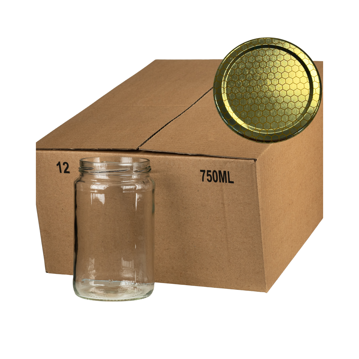 A case of 12 clear glass 750mL hexagonal jars, packaged in a cardboard box with a gold honeycomb lid in the corner on a white background