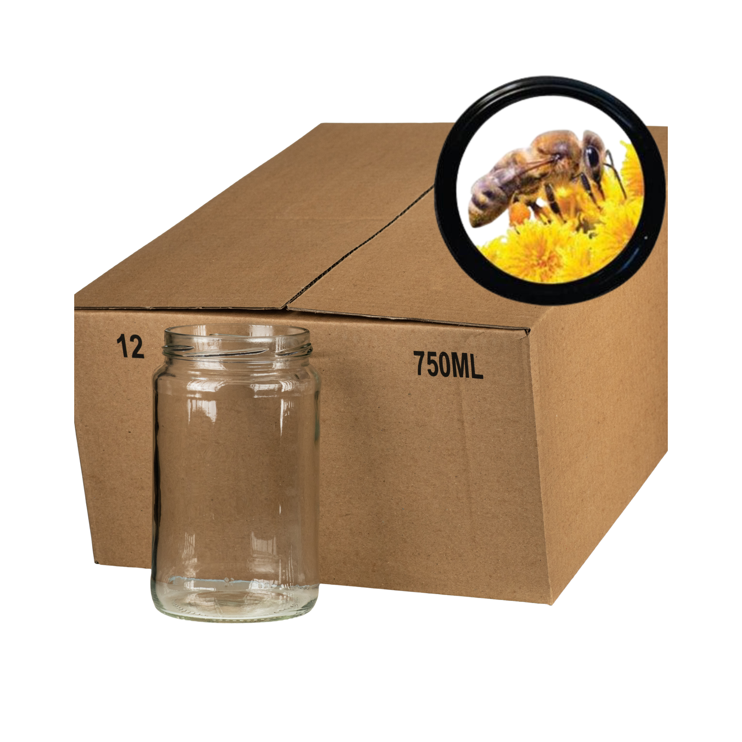 A case of 12 clear glass 750mL glass jars, packaged in a cardboard box with a yellow bee lid in the corner on a white background