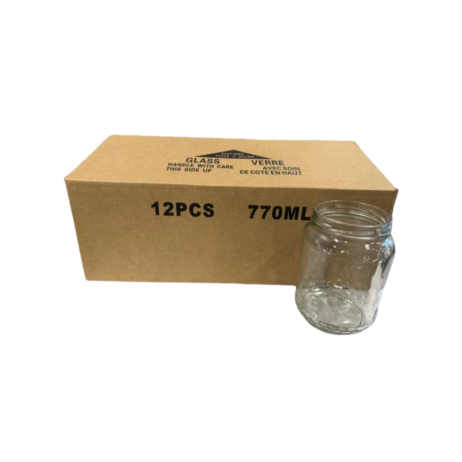 Cardboard box with 12 glass jars, each 770ml, on a white background