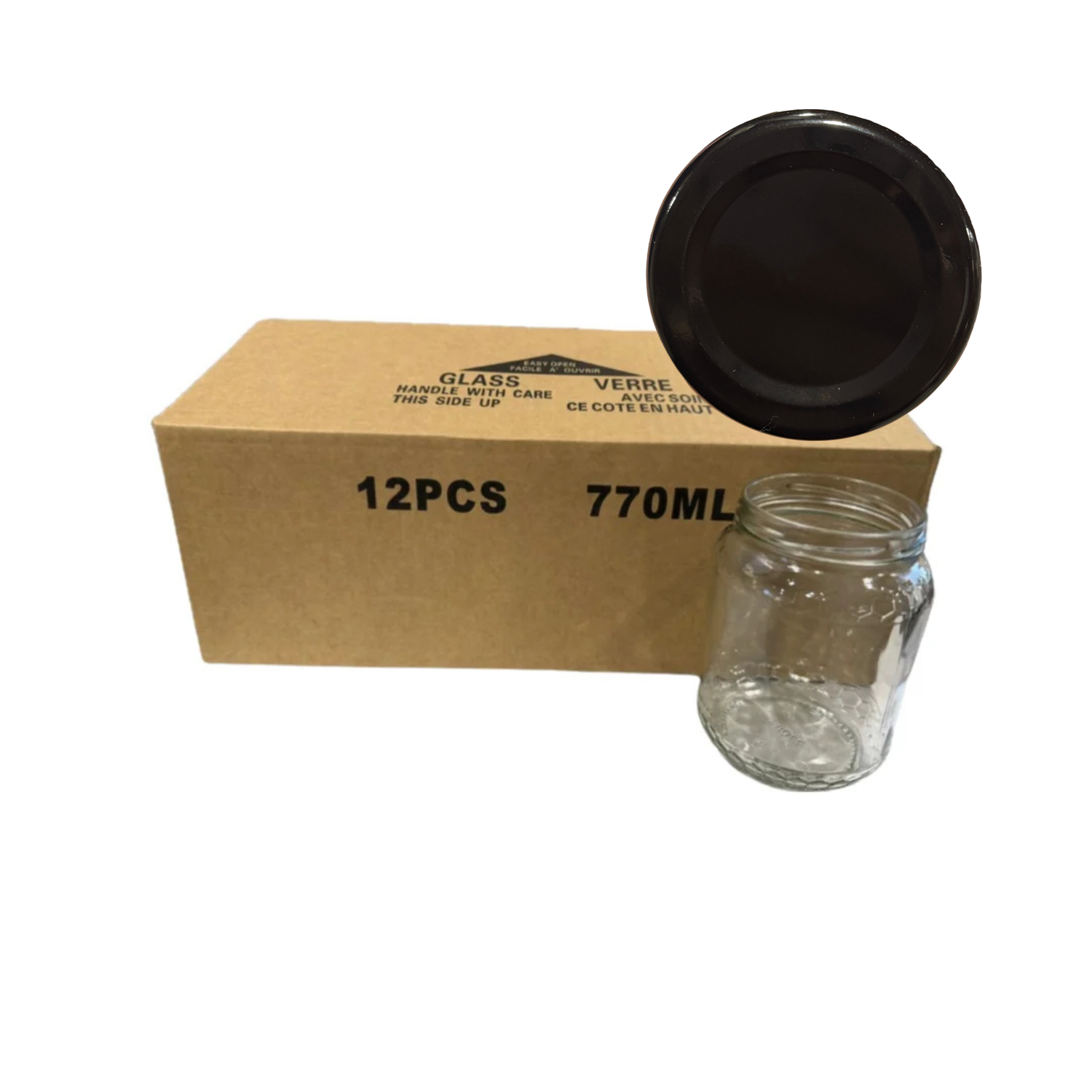 A 12-pack of 770ml clear glass jars with black lids, shown with a brown cardboard box and one empty jar on a white background.