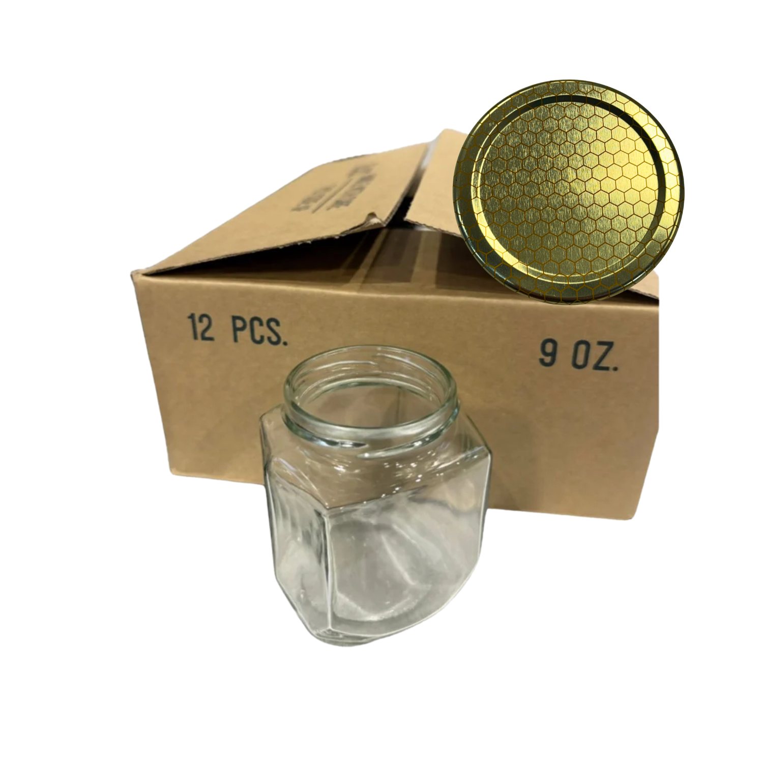 A clear glass jar with a hexagonal shape shown in front of a brown cardboard box labeled '12 PCS.' and '9 OZ.