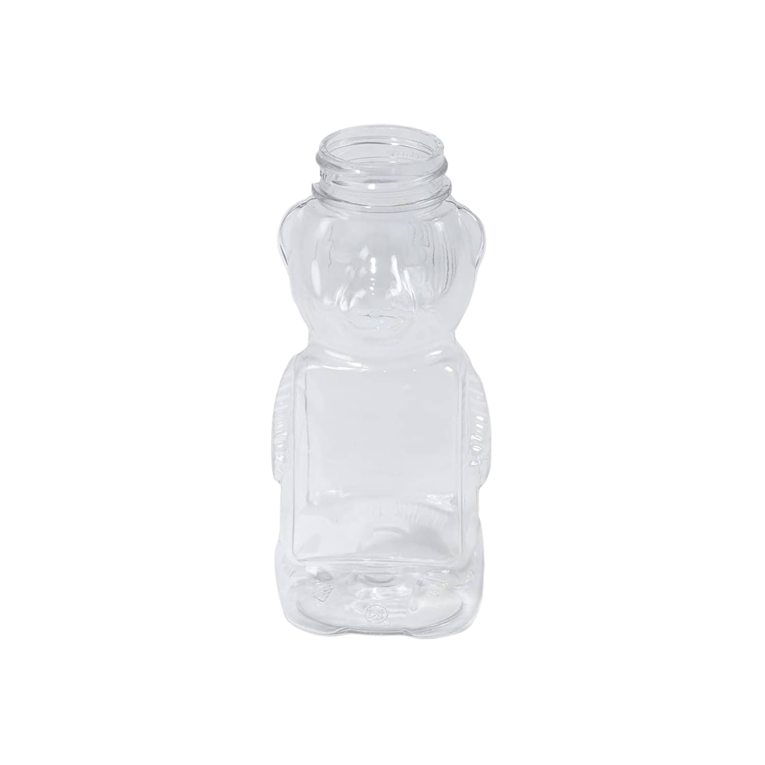 A clear plastic bear-shaped bottle with an open neck, shown against a plain white background.