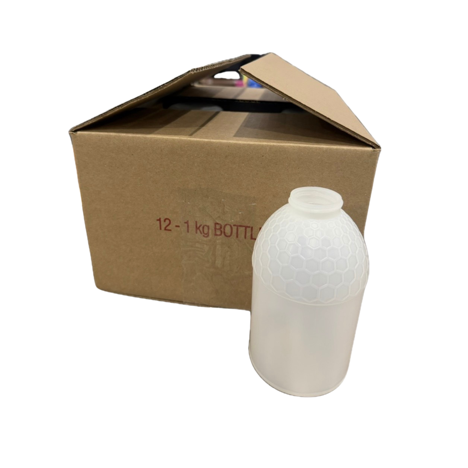Clear plastic bottle with textured surface next to a cardboard box labeled '12 - 1 kg BOTTLE'.